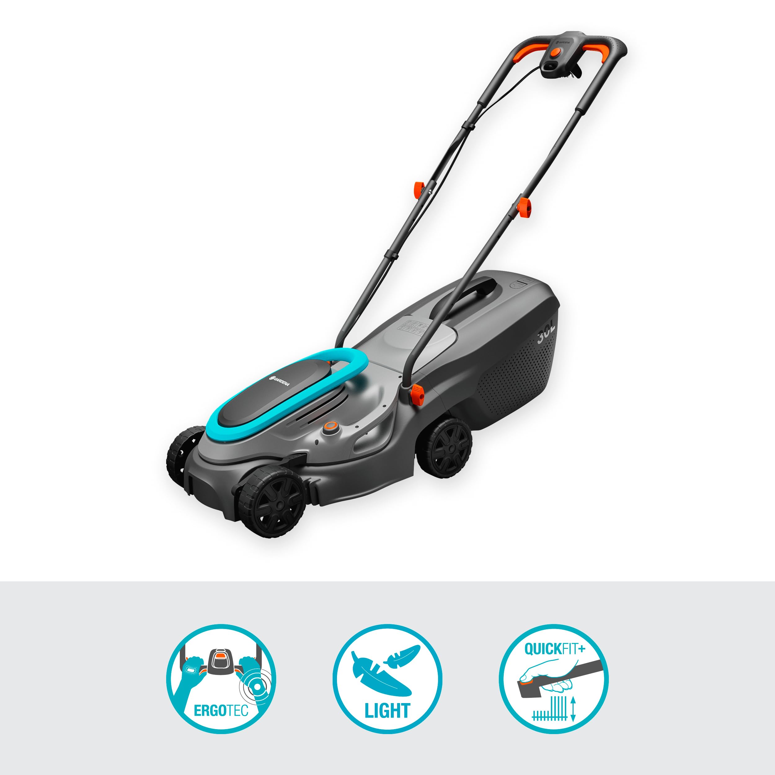 Gardena cortacésped eléctrico PowerMax 32/1200 G2: Segadora hasta 300 m², Potencia 1200 W, Anchura de Corte 32 cm, Capacidad 30 l, Altura de Corte 35 a 65 mm, Agarre ErgoTec, Plegable (14633-20)