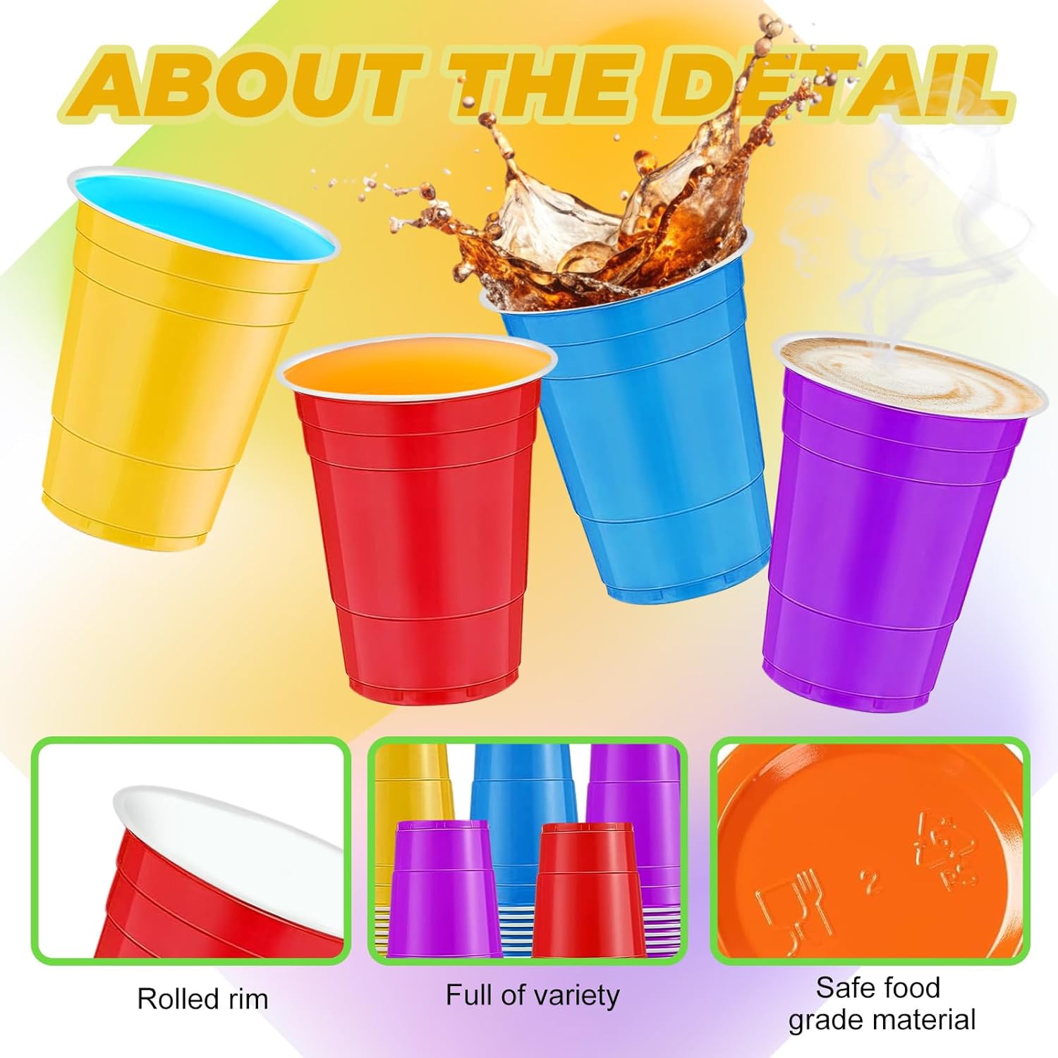 120 pcs 16 oz colourful plastic cups Assorted Colors Cups 16 oz colored Party Cups for drinking Tastings served Snacks Barbecues Picnics - Image 4