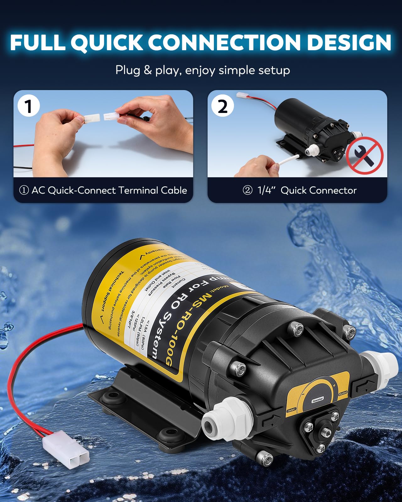 Pompa booster da 100 GPD per sistema RO con kit completo, adatta per sistema di filtraggio dell'acqua a osmosi inversa domestico, design a connessione rapida, interruttore ad alta pressione