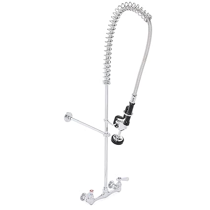 DuraSteel Commercial Kitchen Wall Mount Pre-Rinse Faucet, 38? Height 8? Center with Coiled Spring Pull Down Sprayer, NSF Approved, Brass Constructed Polished Chrome Body, 1 Set