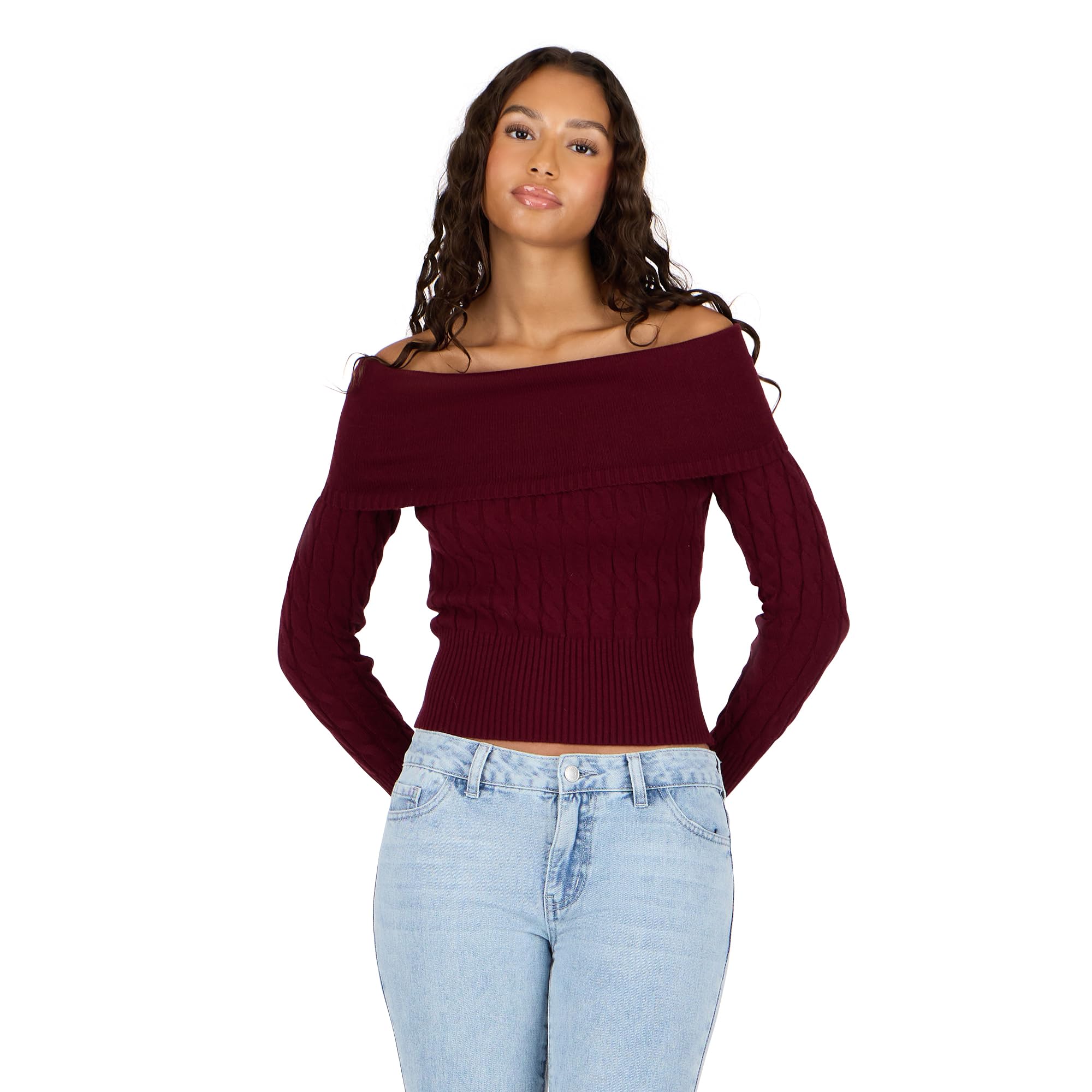 Forever 21 Womens Fold Over Off The Shoulder Sweater with Cable Knit Bottom