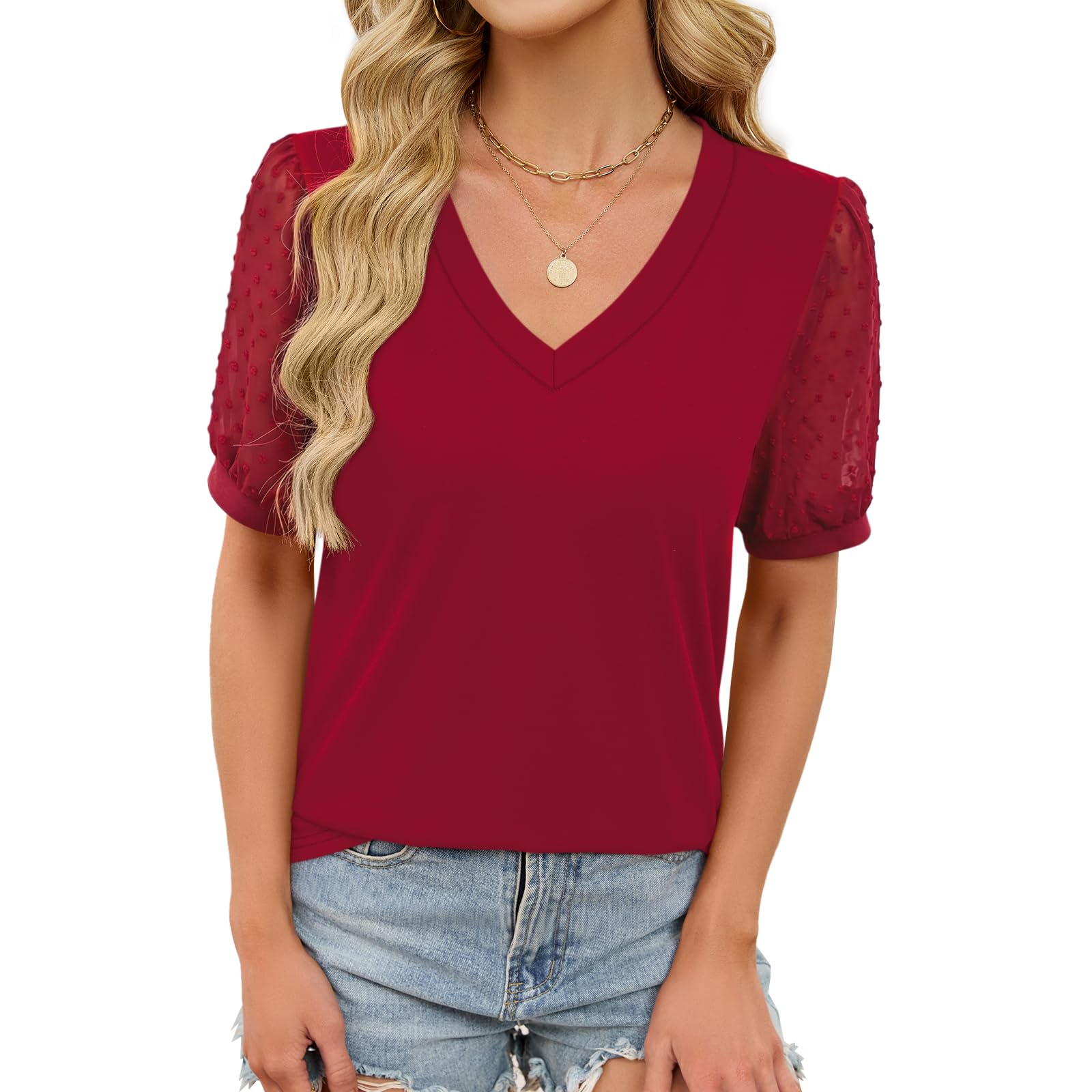 Elesomo Damen Tshirt V-Ausschnitt Kurzarm T-Shirts Sommer Casual Oberteil Tops