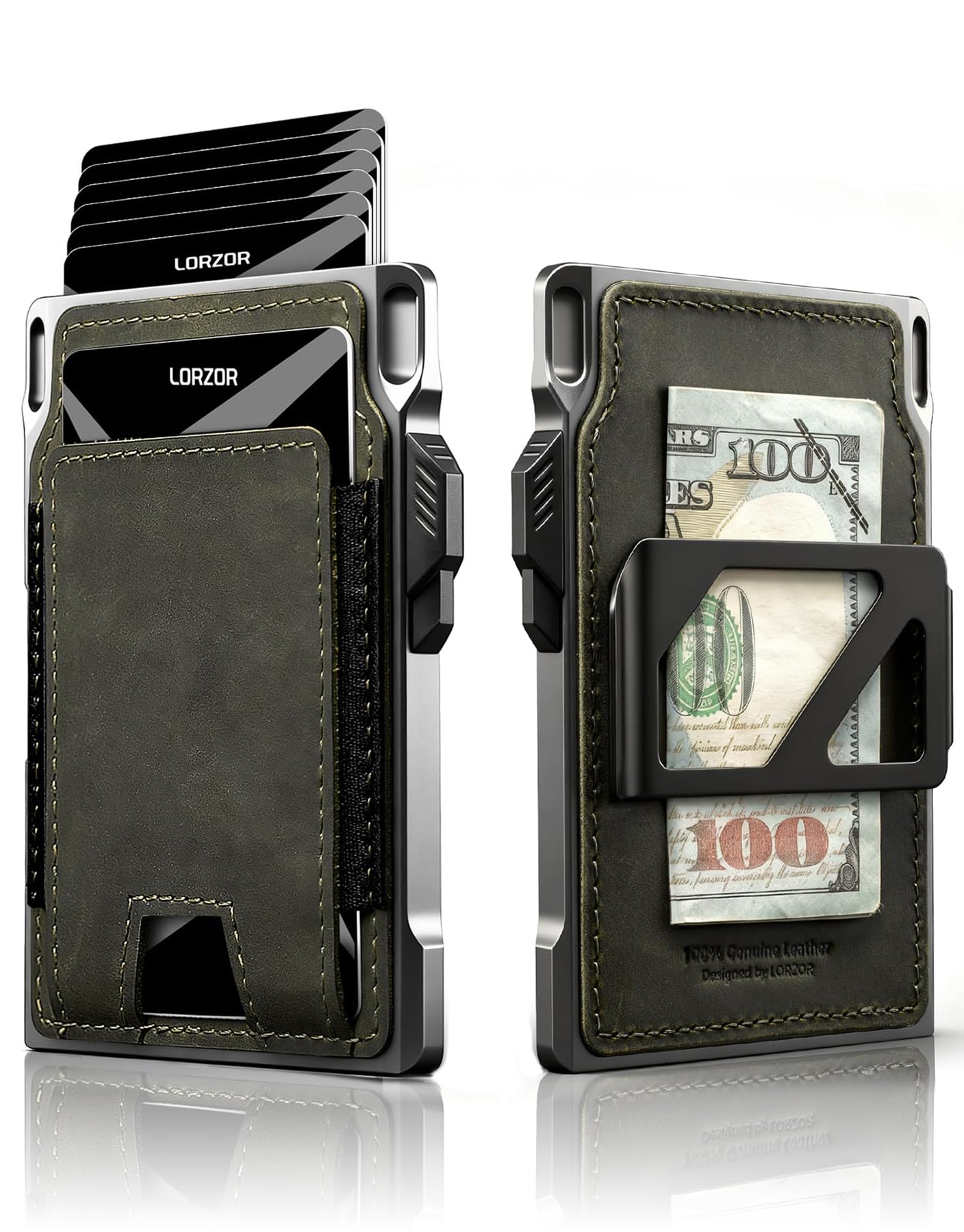 LORZOR Slim Tactical Wallet for Men- Minimalist Full Grain Leather Wallet for 10 Cards RFID Blocking Aluminum Cardholder
