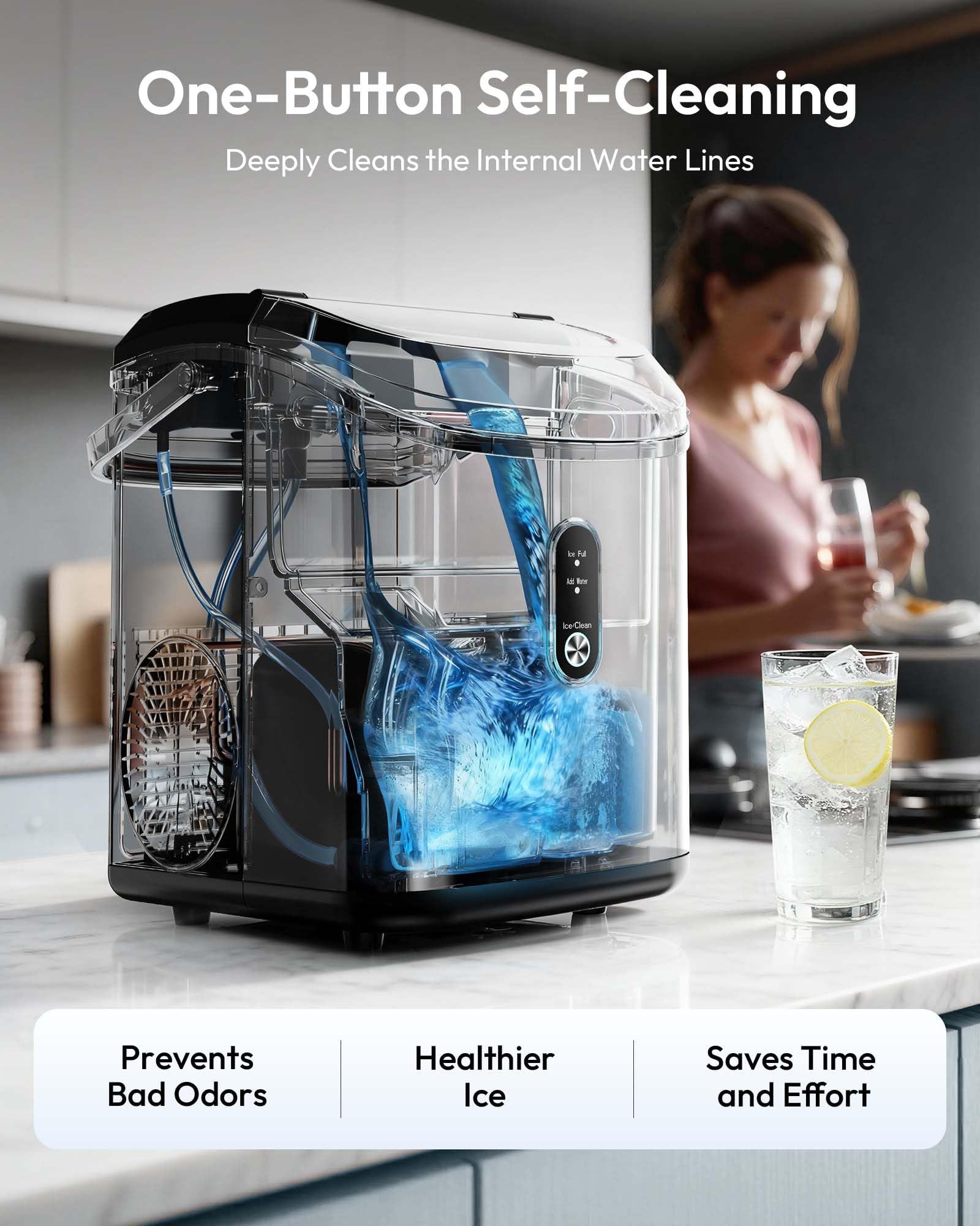 EUHOMY Nugget Ice Maker Countertop with Handle, Ready in 6 Mins, 34lbs Per Day, Removable Top Cover, Auto-Cleaning, Portable Sonic Ice Maker with Basket and Scoop, for Home/Party/RV/Camping (): Black