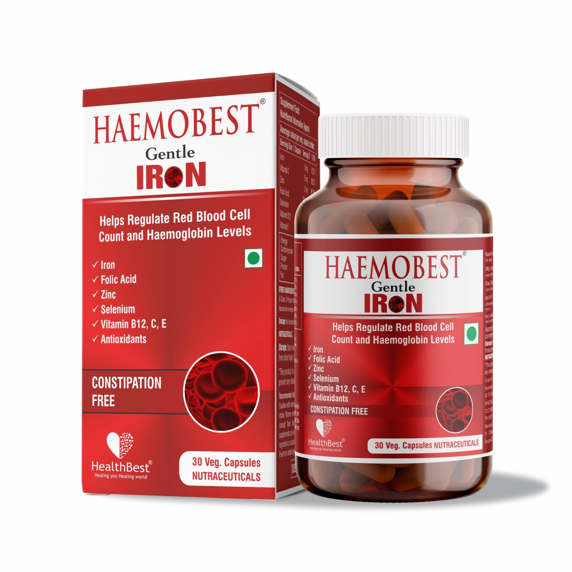 HealthBest Haemobest Iron Supplement | Iron, Folic Acid, Zinc & B12 for Hemoglobin Support, Energy & Immunity | For Men & Women - 30 Capsules