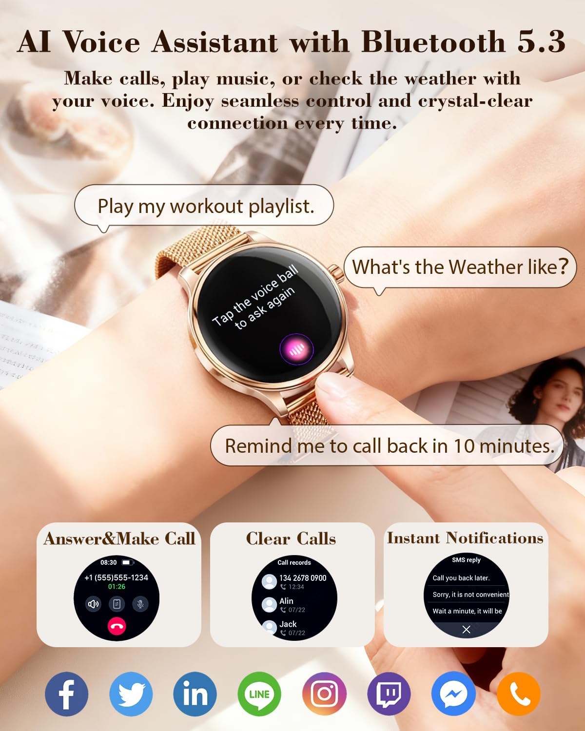 WalkerFit A37 Smartwatch with AI Voice Assistant and notification examples