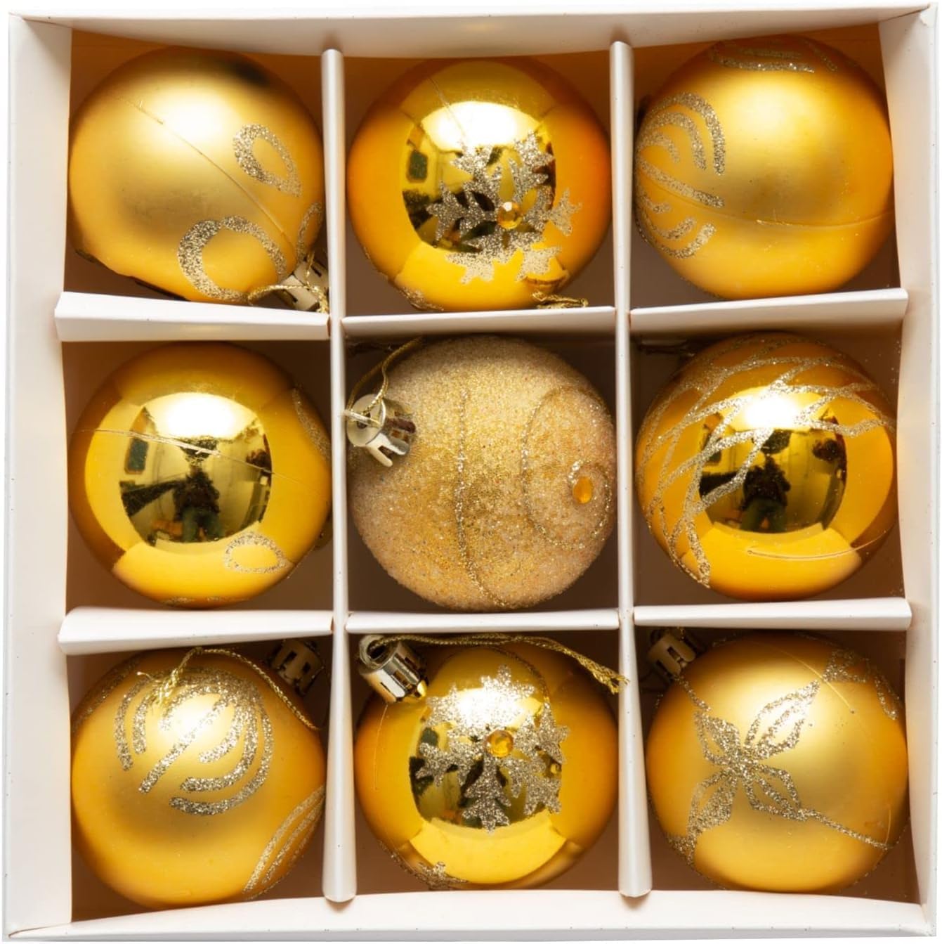 UKDD® Set of 9 Premium Baubles Luxury Christmas Tree Bauble Decorations Matte, Glitter, shiny Baubles (Gold) - Image 2