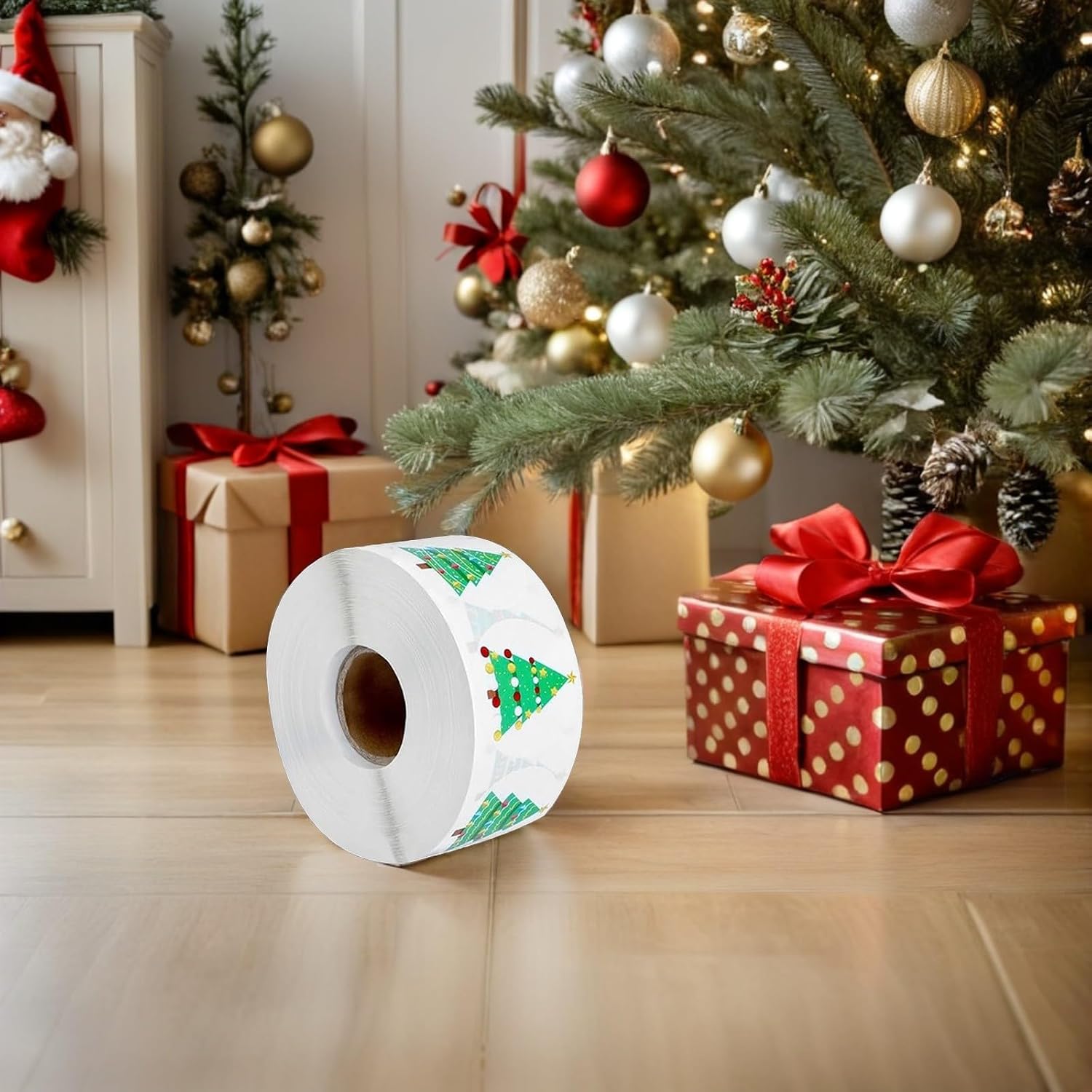 TEHAUX 8 Rolls Christmas Stickers for Holiday Decorations, Coated Paper Adhesive Xmas Tree Gift Tags, and Versatile Use, for Christmas Decorations and Office Wrapping