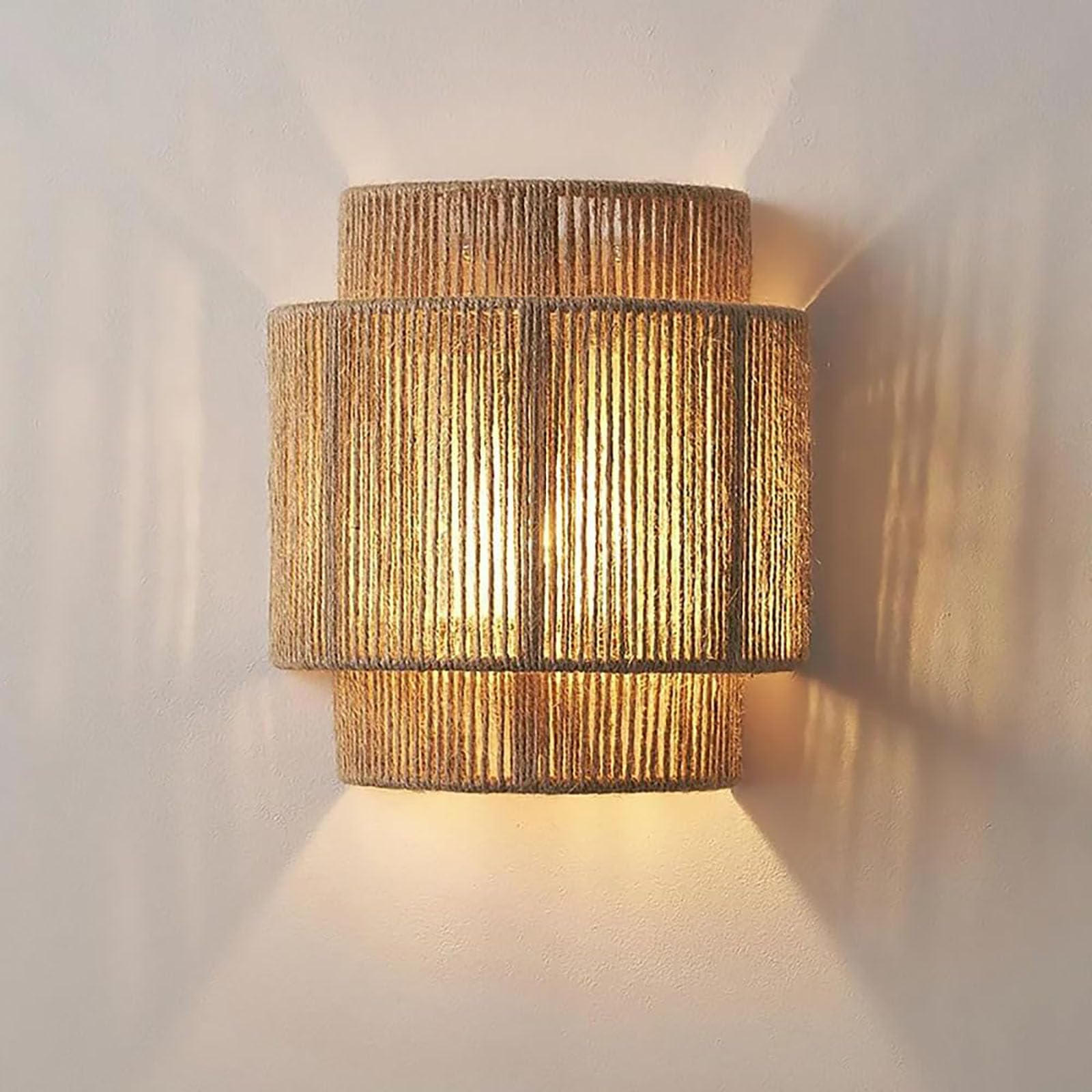 HYJAUSXB 9 Inch Rattan Wall Sconces, Boho Lights with Hemp Rope, Rustic Sconces for Bedroom, Entryway, Lighting, Sconce