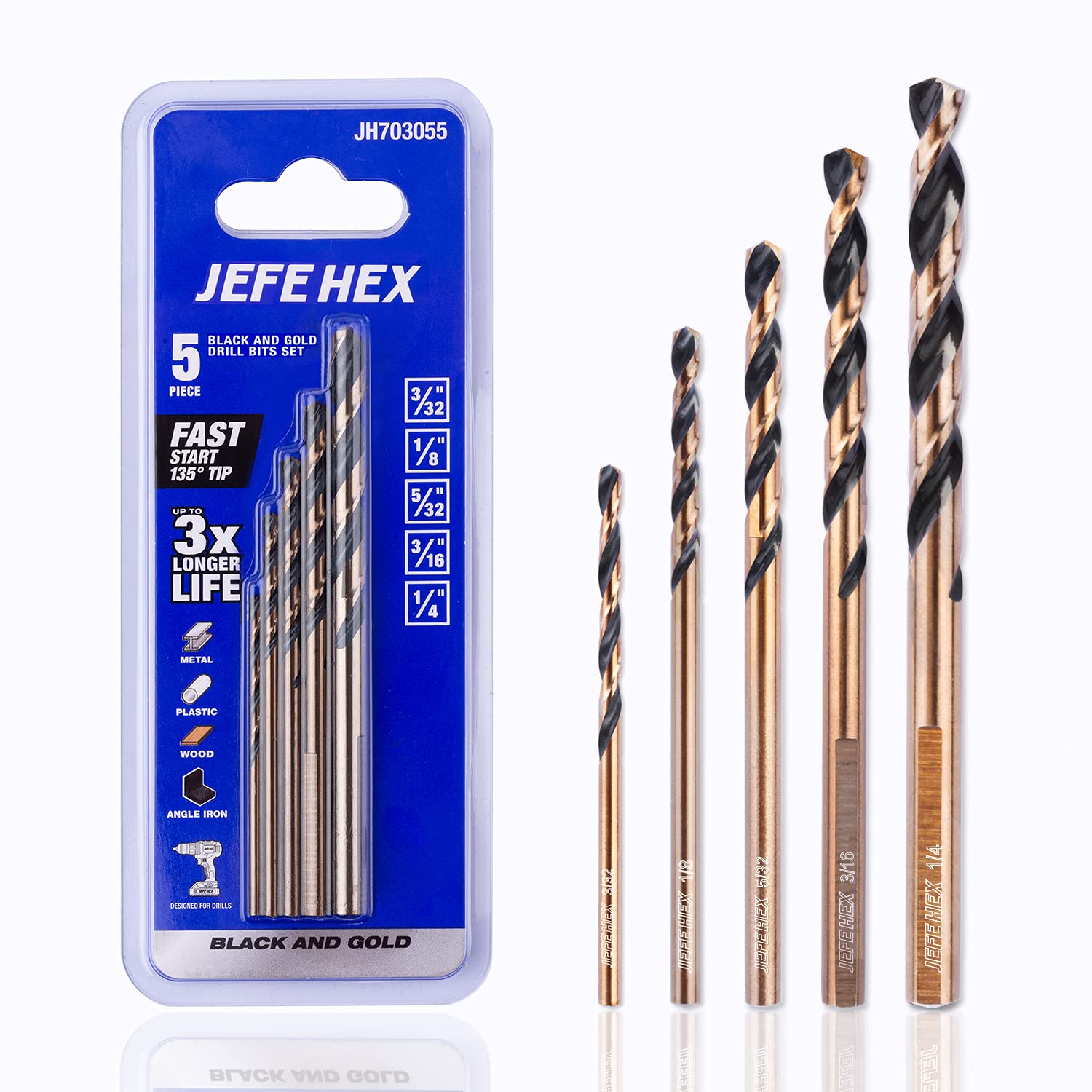 JEFE HEX Drill Bit Set- HSS Jobber Drill Bits, 3-Flat Shank, Black and Gold with 135 Degree SplitTip. 3/32", 1/8", 5/32", 3/16", 1/4" . Ideal for Steel/Copper/Aluminum/Zinc Alloys/Wood/ Plastic/Household and General Purpose (Pack of 5): Tools & Home Improvement