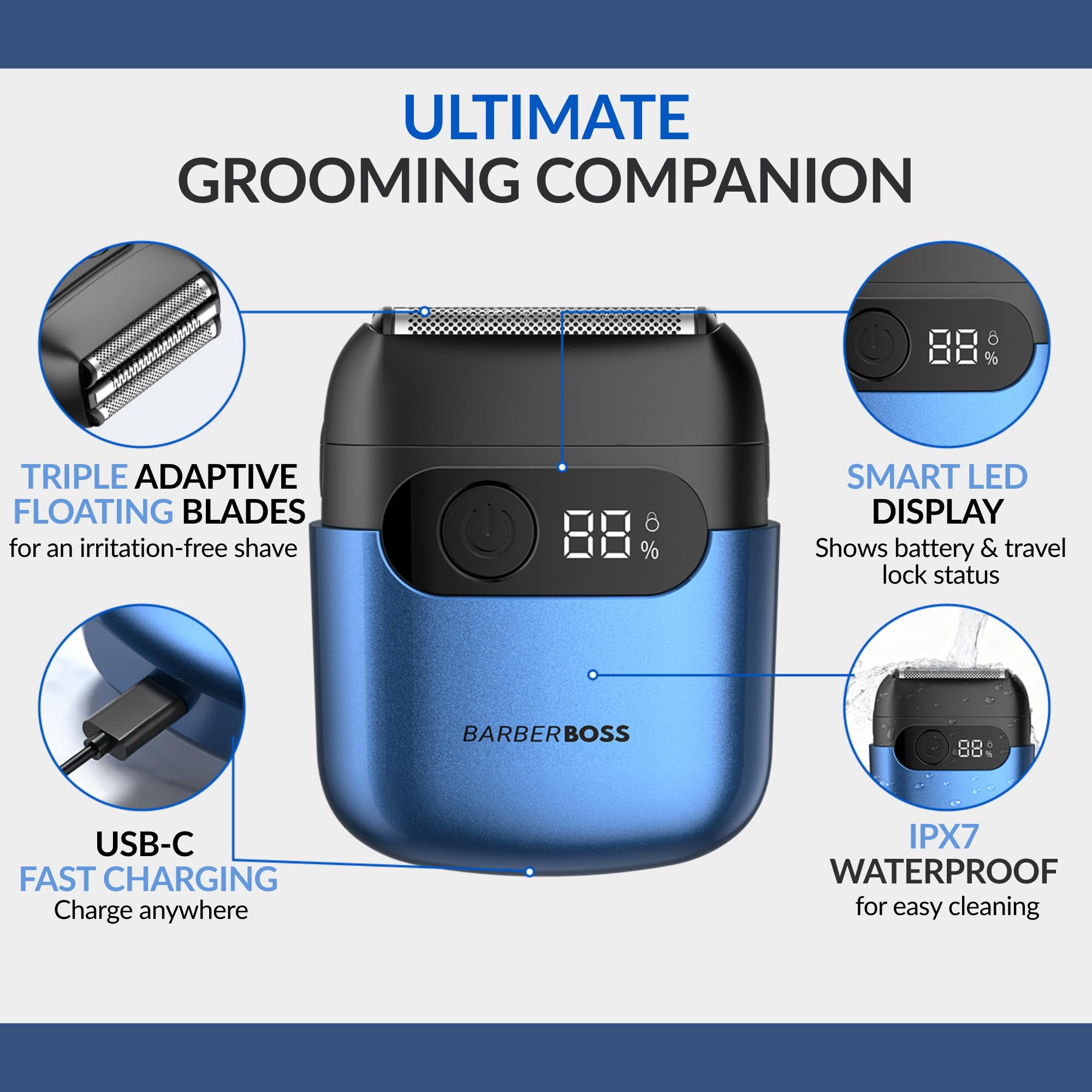 BarberBoss Rasoir électrique sans fil pour homme, lames flottantes flexibles, tête magnétique et écran LED intelligent, rasoir compact pour homme, QR-2751