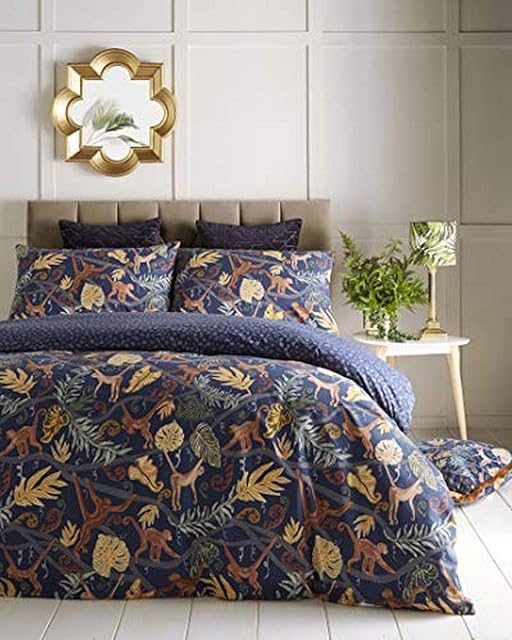 Furn Monkey Forest Duvet Cover Set-PolyCotton-Midnight Blue-King Size, Cotton