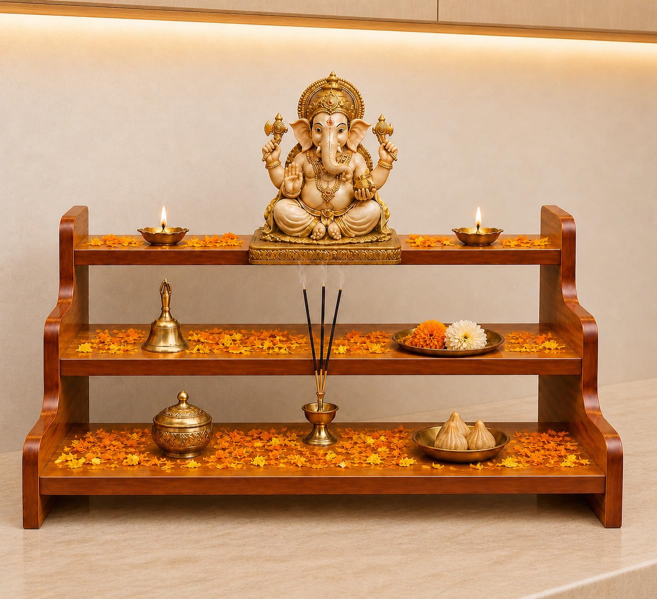 Wooden Puja Chowki for Home Mandir | 3 Tier Wooden Temple Stand for Pooja Room | Premium Finish Religious Display Shelf for Idols, Diyas & Decor | Home Temple Organizer (14 x 9 x 6 Inch)-image-45