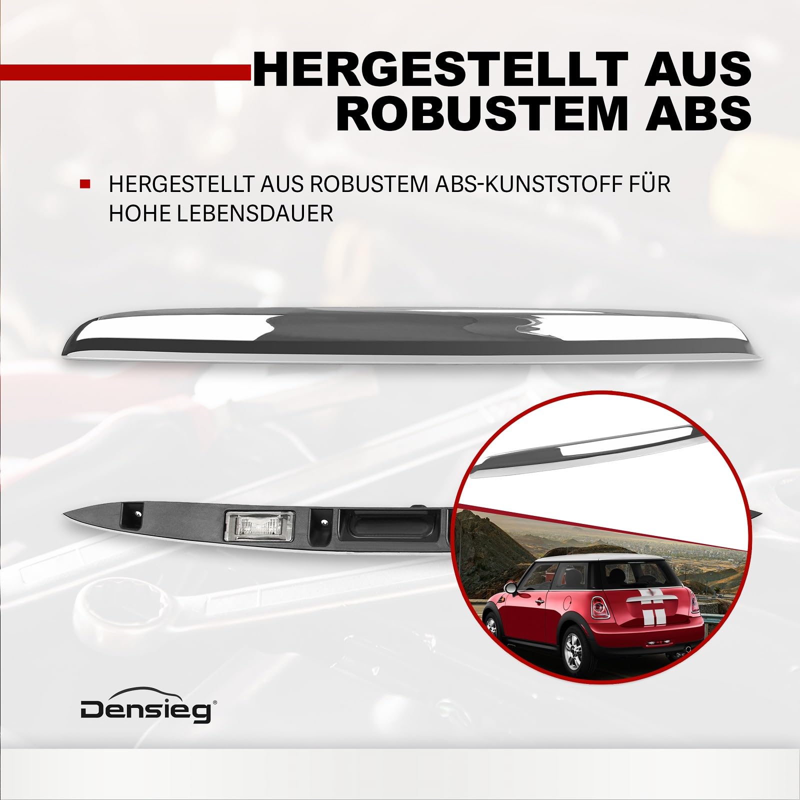 Heckklappengriff Griffleiste Taster für Mini R55 R56 R57 R58 R59 R60 R61 – Zierleiste Chrom mit Kennzeichenbeleuchtung – Ersatz für 51132753602 (Chrom)