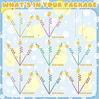 Vista 4 de Honoson 24 popotes de pato, regalos de fiesta de cumpleaños, con 2 cepillos de limpieza, tema, reutilizable, plástico, tonto, 8 diseños