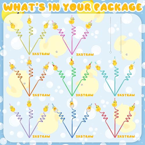 Miniatura 4 de 24 popotes de pato para fiestas de cumpleaños, con 2 cepillos de limpieza, pajitas de plástico reutilizables para fiestas de cumpleaños de niños, 8
