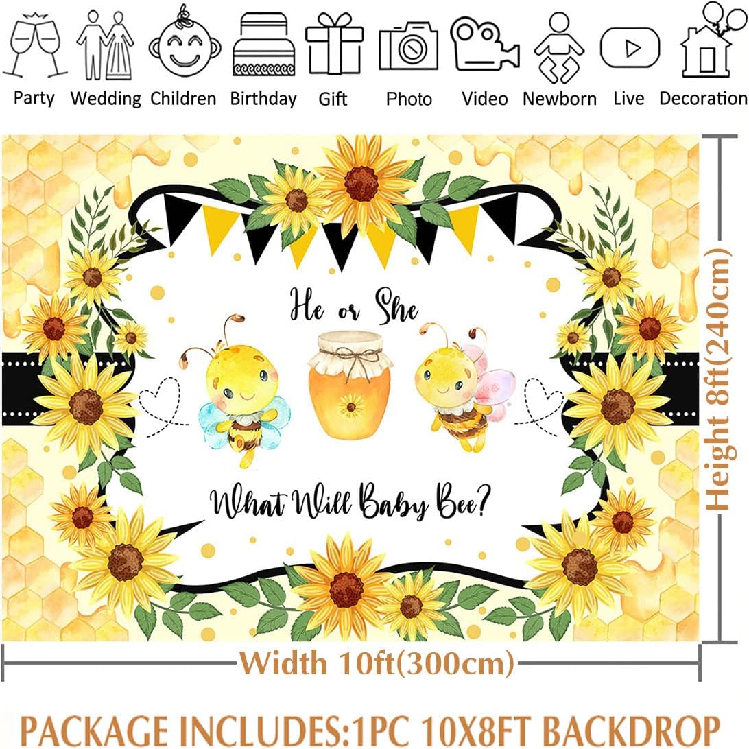 Avezano Honey Bee Gender Reveal Backdrop He or She What Will Baby Bee Party Background Banner Sunflower Bumble Bee Boy or Girl Baby Shower Party Decor Decorations Photo Booths (10x8ft)