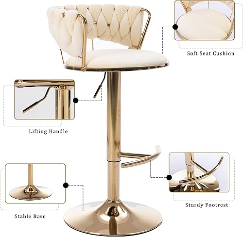 Miniatura 56 de Juego de 2 taburetes de bar de terciopelo giratorios con base de metal dorado, taburetes de bar modernos de altura de mostrador para cocina, pub,
