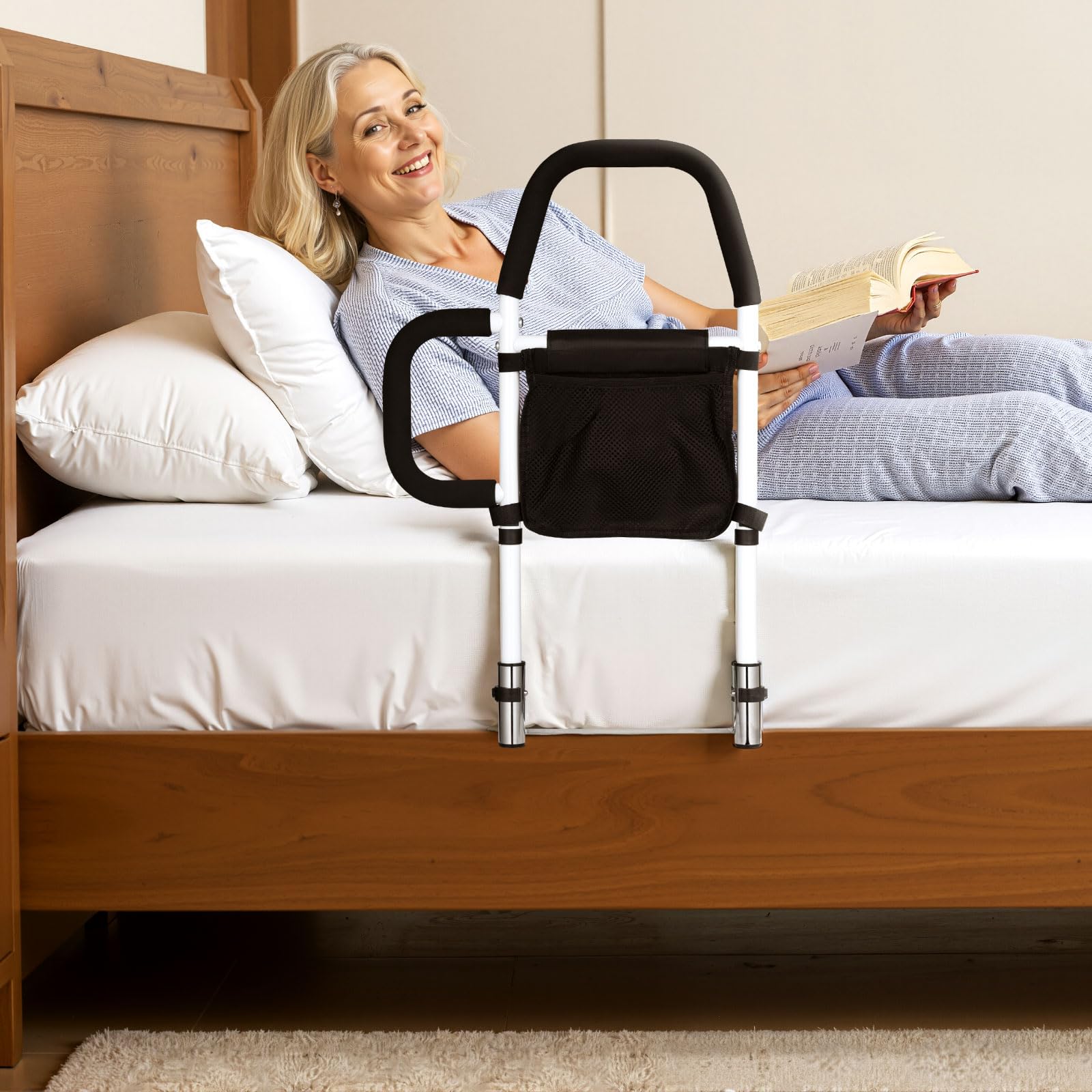 VEVOR Barrière de lit Personnes âgées, Barre d’Appui pour lit, avec poignée latérale et Main Courante en PU, Hauteur réglable, en Tube d'acier au Carbone, Rampe d'assistance de Chevet pour Patients