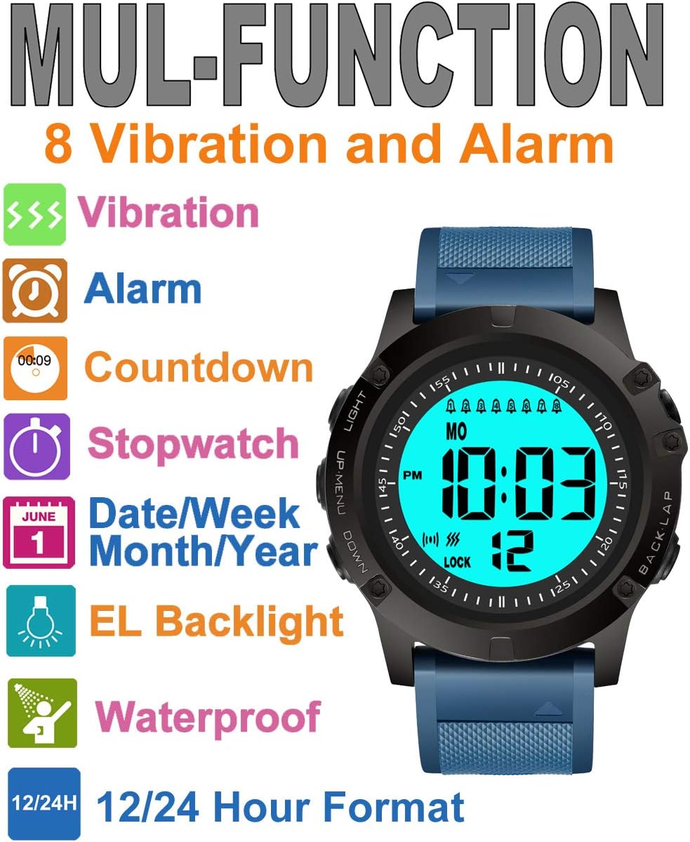 TICCI Men 8 Vibrating Alarms Watch Medication Aids Pill Vibra Alert Reminders for Elderly Seniors Big Digits Waterproof