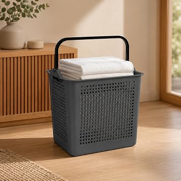 30 Litre  ama r Sepeti, Ta ma Kulplu Delikli Plastik Kirli Sepeti, Banyo  ama r Odas  Yatak Odas  ve Dolap D zeni  in Pratik Organizer Gri