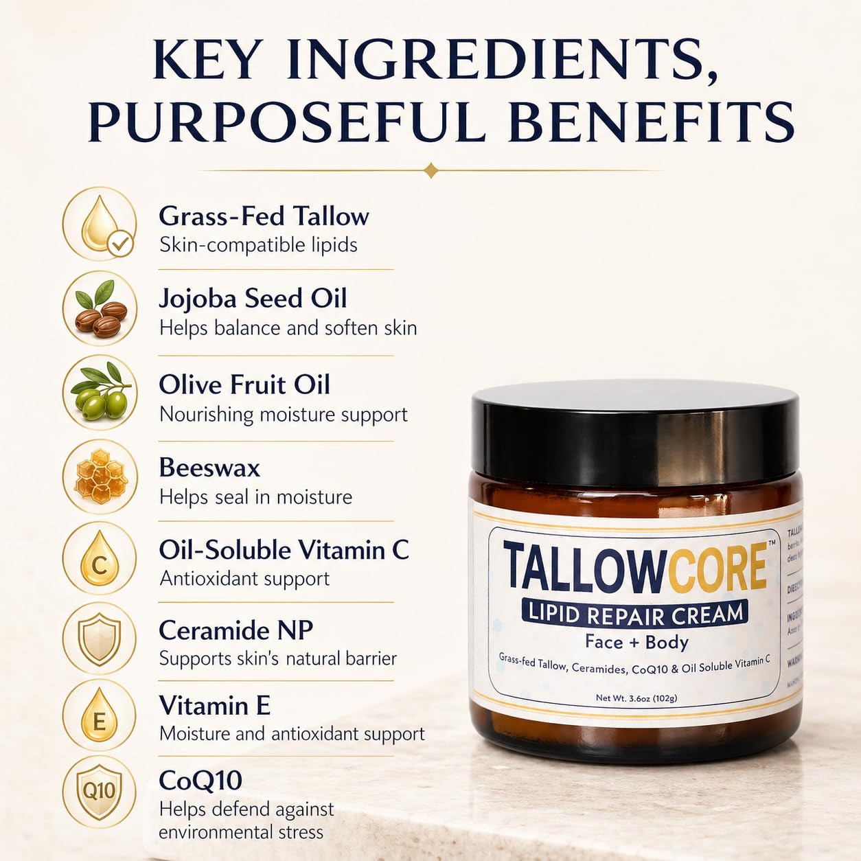 Lipid Repair Cream – Waterless Grass-Fed Tallow Moisturizer with Ceramide NP, CoQ10 & Oil-Soluble Vitamin C – Skin Barrier Repair Face Cream – 3.6 oz