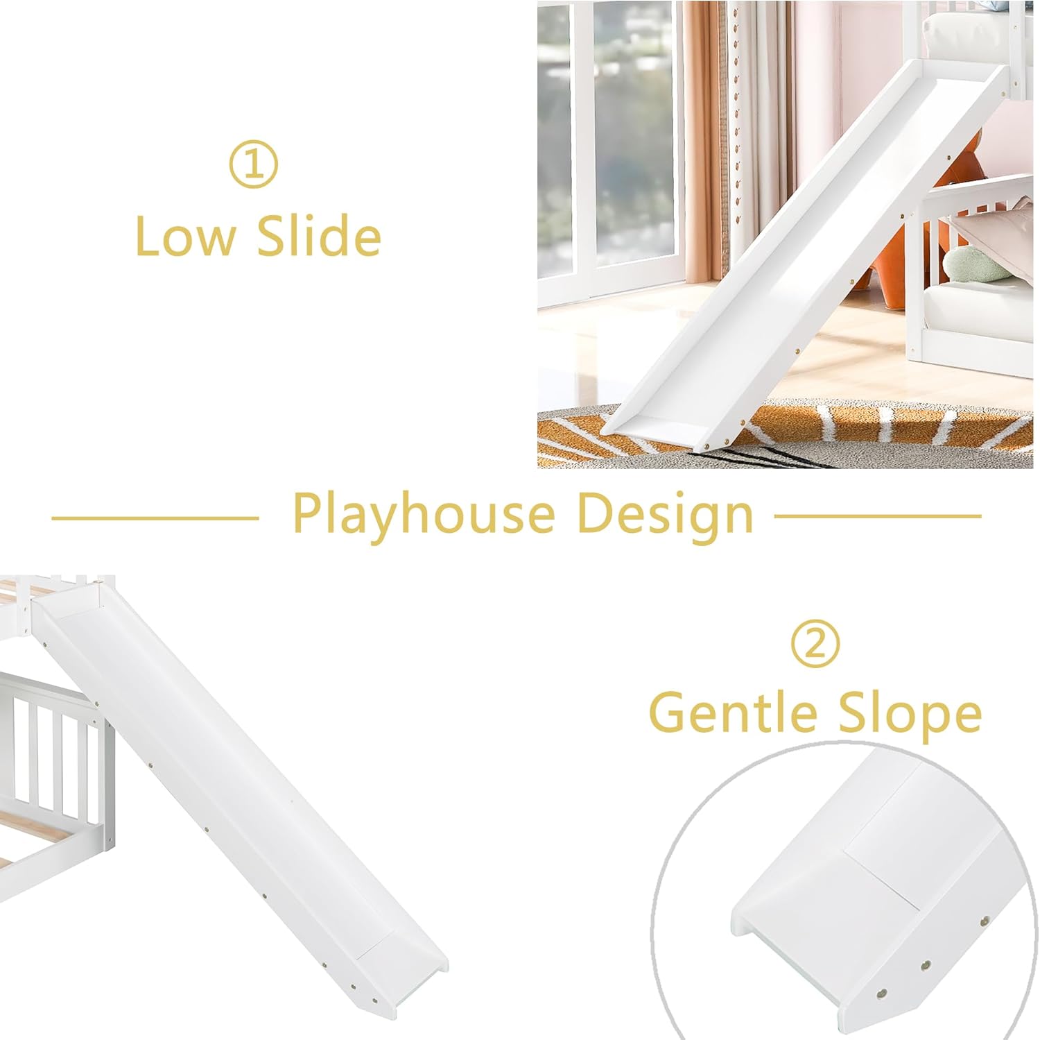 Montessori Floor Bunk Bed Twin Over Twin, Twin Bunk Bed with Slide and Ladder, Kids Bunk Beds with Guardrail Headboard and Footboard, Low Bunk Beds for Kids, Boys, Girls, Twin Bunk Bed White