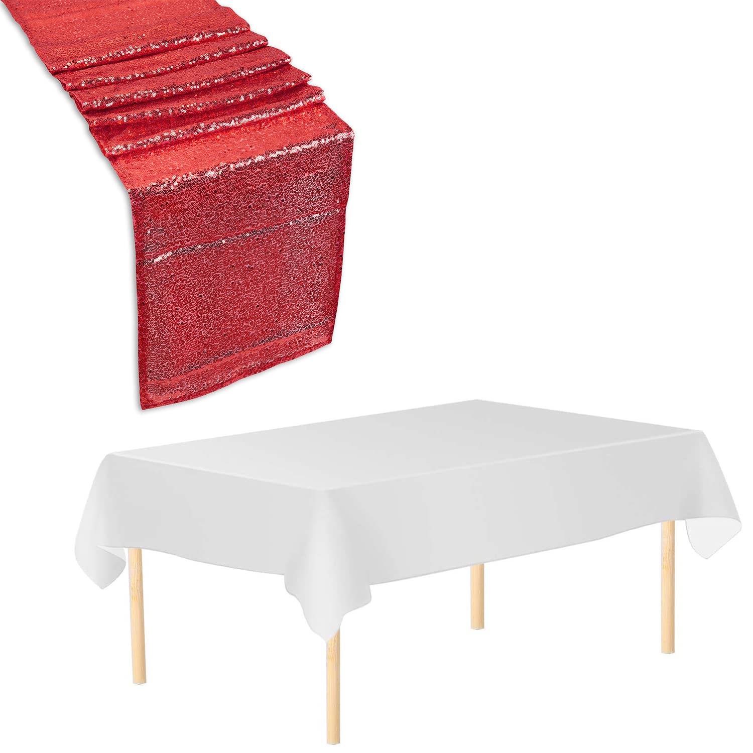 Trimming Shop Tablecloth Table Runner Set, 3 Pack White Disposable Table Cover Waterproof Plastic Tablecloth & 3 Pack 11" x 108" Red Sequin Table Runner for Birthday Wedding Christmas Party