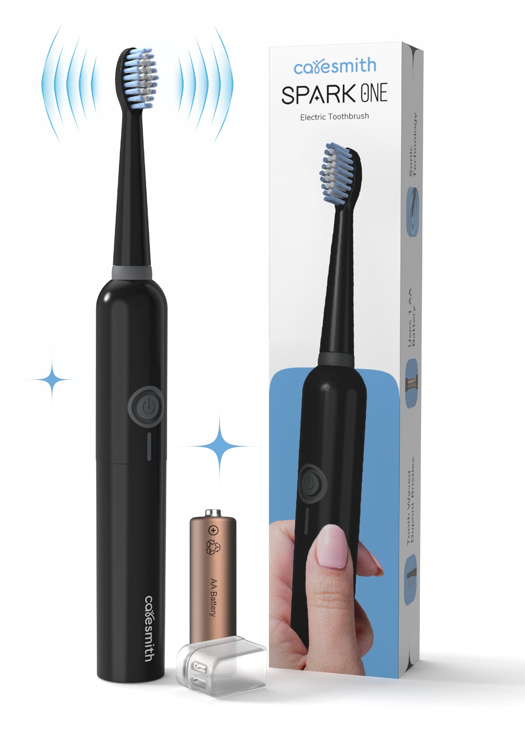 Caresmith SPARK One Electric Battery Toothbrush | Electric Tooth Brushes for Adult | AA Battery Provided | 30000 Strokes per Minute (Black, 1)
