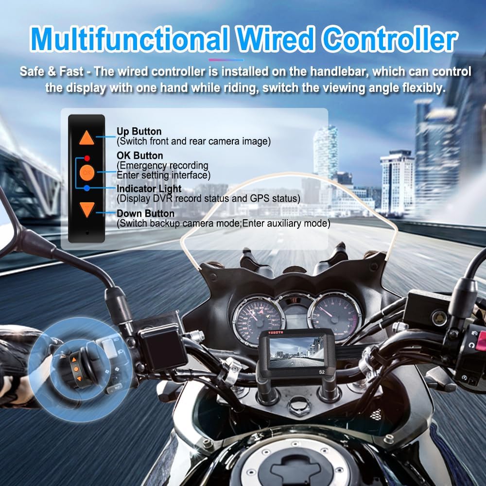 VSYSTO 3'' IPS Screen WiFi Motorcycle Dash Cam, Parking Monitoring, GPS, Full Body Waterproof Night Vision HD 1080P 140° Wide Angle Front and Rear Camera Driving Recorder Motorbike DVR (Black-3Inch)