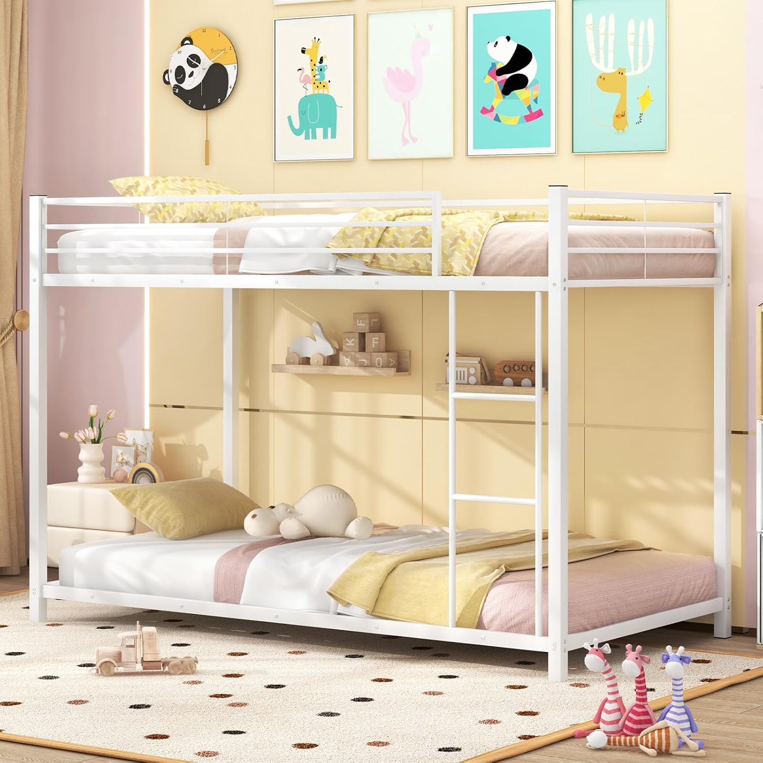 Metal Bunk Bed Twin Over Twin, Low Loft Bunk Bed with Guard Rail, Ladder & Slats, No Box Spring Needed, Space Saving Bed Frame for Bedroom, Dorm, Apartment (White)