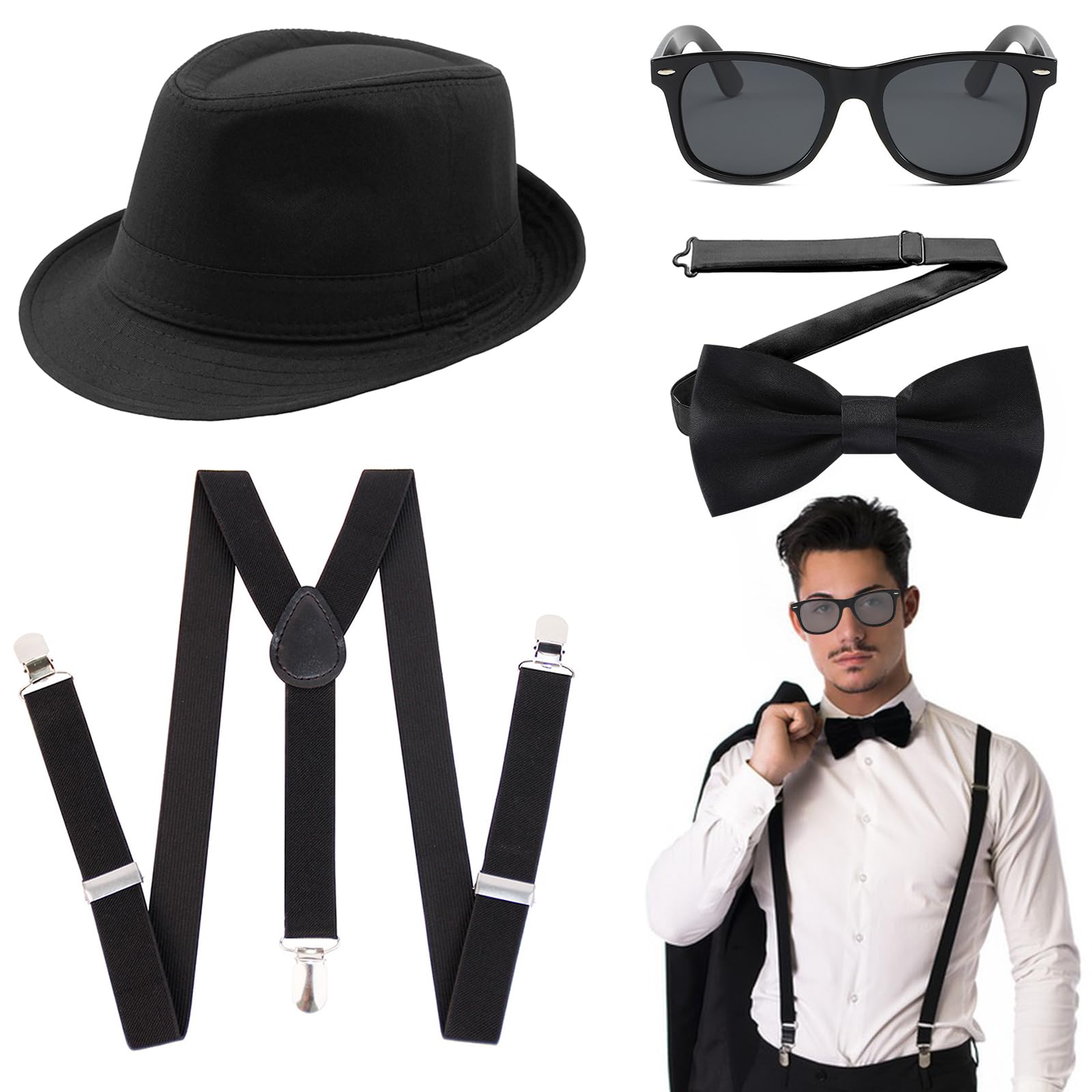 1920s Mens Costume Accessories Set for Adult, Roaring Retro 20s Gatsby Gangster Costume Outfit with Hat Bow Tie Suspenders Glasses for Retro Party Supplies