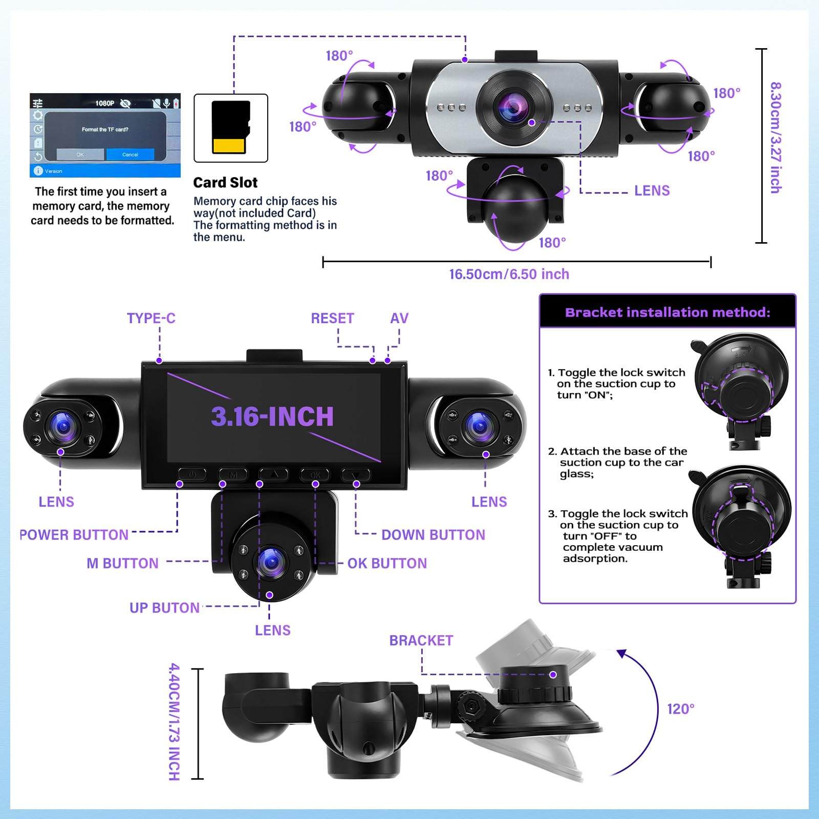 OiLiehu 5 Canales Cámara para Salpicadero 3,16" para Coches, Resolución 1080P + 480P, Cinco Lentes con Grabación en Bucle, G-Sensor, Visión Nocturna, Asistencia Aparcamiento,Detección de Movimiento
