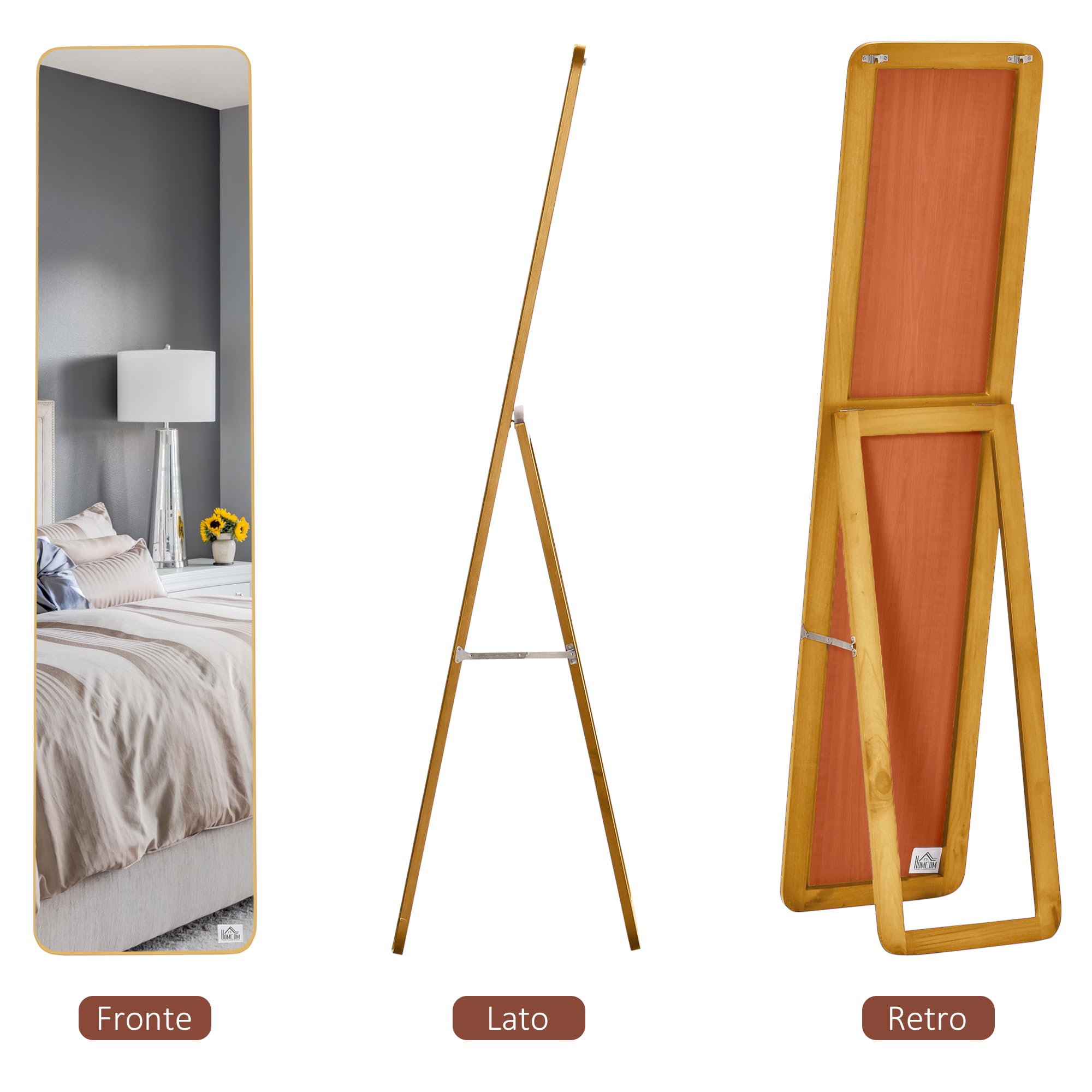 HOMCOM Specchio da Terra e da Parete con Struttura in Legno, Supporto Pieghevole con Cerniera, 37x43x156cm, Noce Chiaro