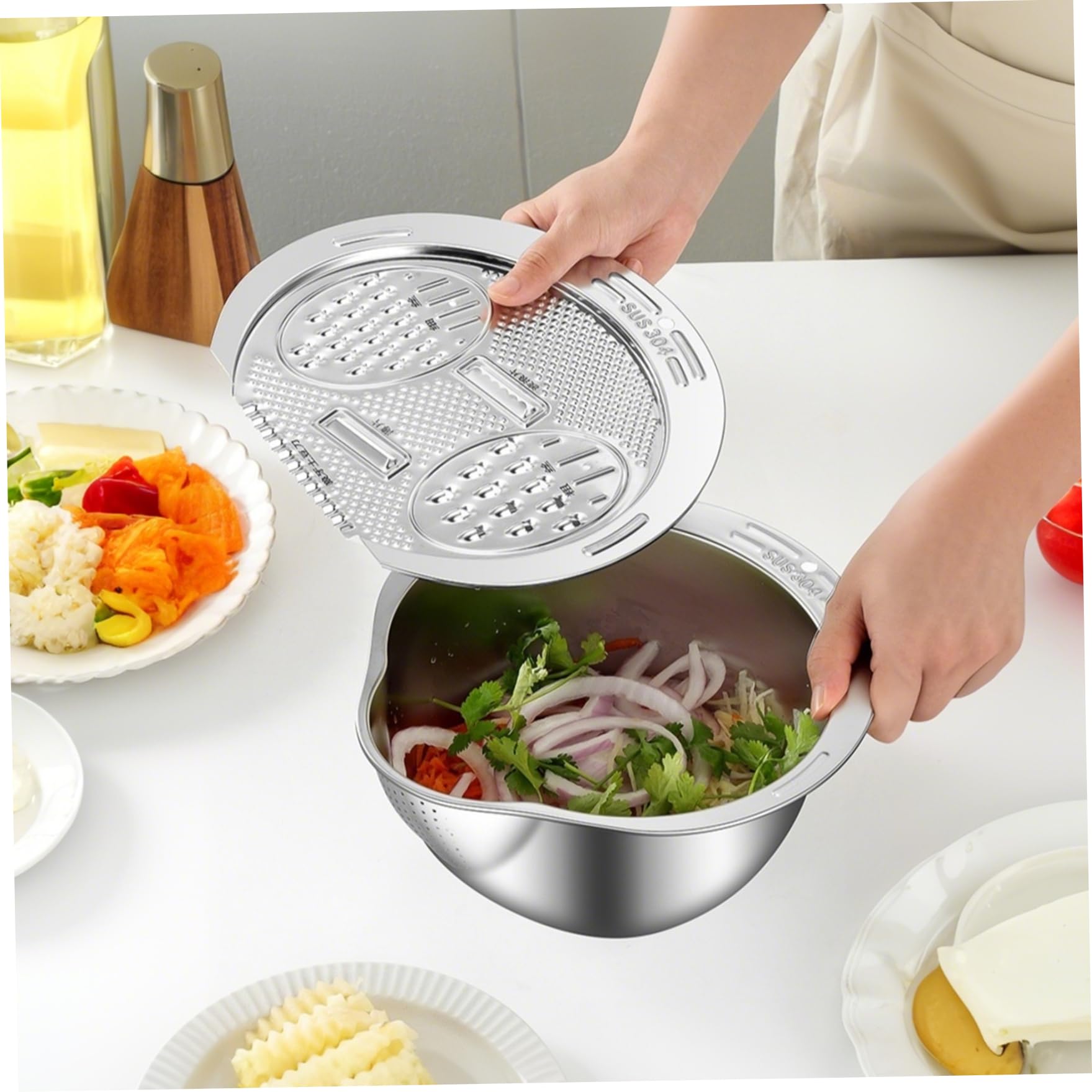 Colador de arroz Lavadora de arroz con drenaje lateral con tapa de rallador Recipiente de lavado de acero inoxidable 304 con orificio para colgar Recipiente colador inferior en forma de V para lim