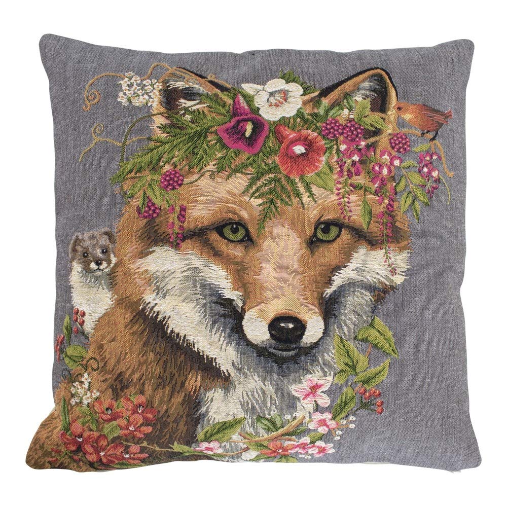 Mars & More Gobelin Kissen Fuchs Blumen grau Dekokissen Couchkissen 45x45cm Zierkissen
