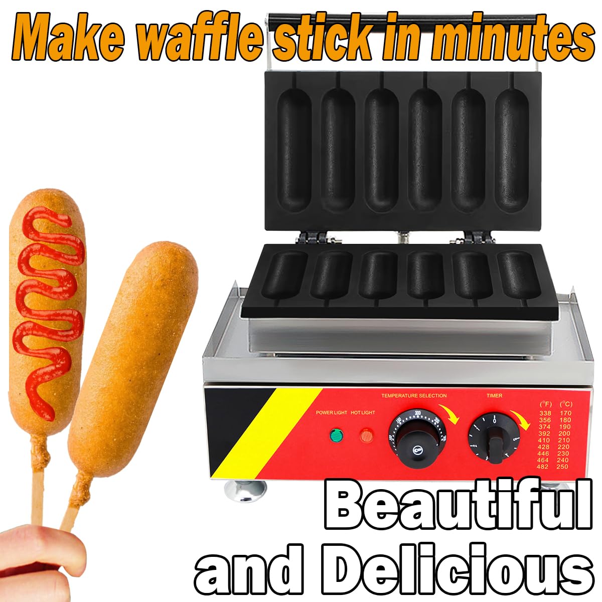 Waffle Stick Maker 6 Skewers Hot Dog Sticks Machine Electric Commercial Waffles Iron with Cool Touch Handle Non-Stick Coating for Bakeries Snack Bars Restaurant,1650W, 220V