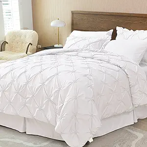JOLLYVOGUE White Cal King Size Comforter Sets 7 Pieces, Pintuck Bed in a Bag Comforter Set for Bedroom, Bedding Comforter Sets with Comforter, Sheets,Ruffled Shams & Pillowcases