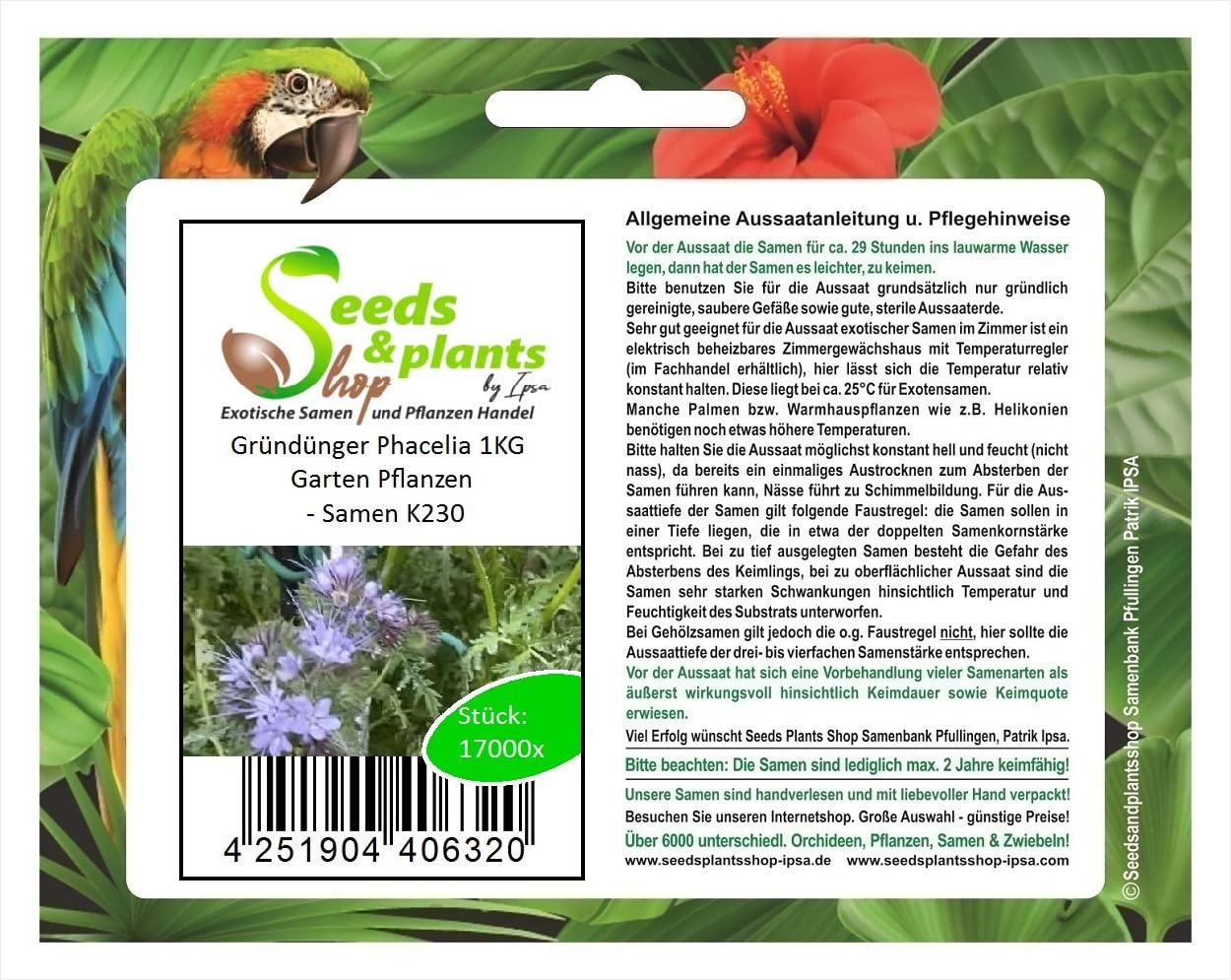 Stk - 17000x Gründünger Phacelia 1KG Garten Pflanzen - Samen K230 - Seeds & Plants Shop by Ipsa