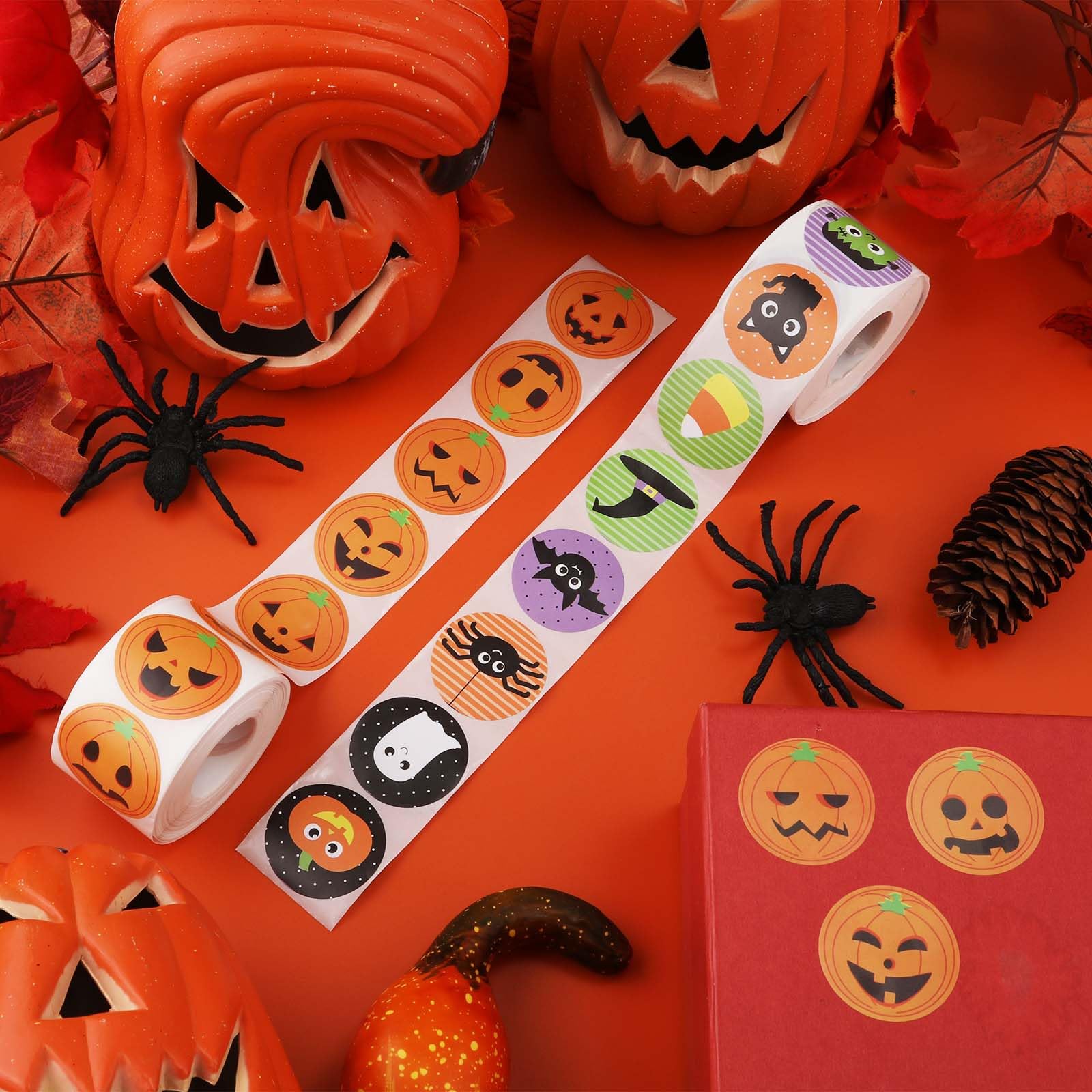1000 Autocollants Halloween - 2 Rouleaux - Motifs Citrouille, Fantôme, Araignée - Diamètre 2,5 Cm
