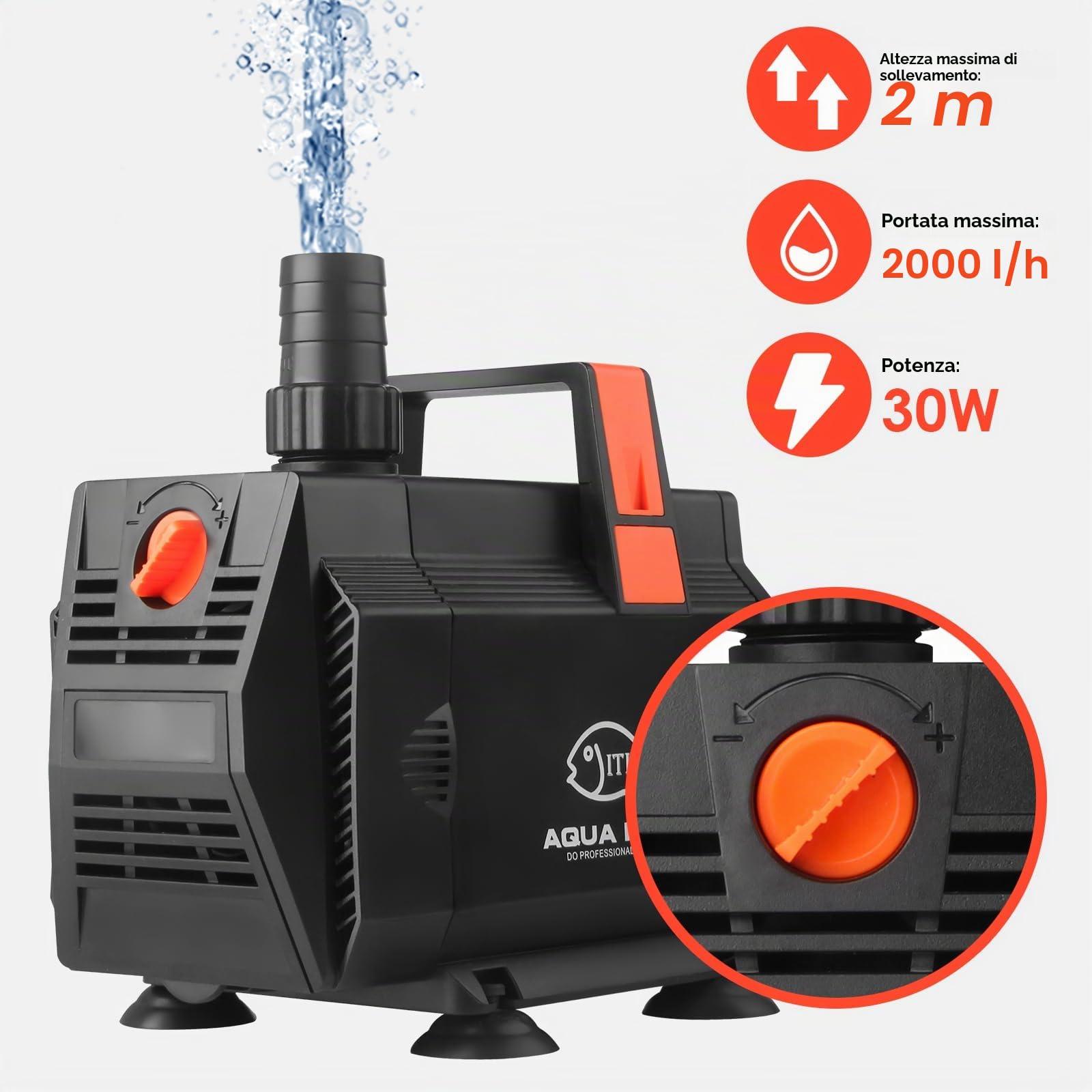 pompa sommergibile per laghetto, 30W 2000L/H pompa per fontana d'acqua pompa per acquario con controllo del flusso per acquario, cascata, filtrazione, esterno, idroponica