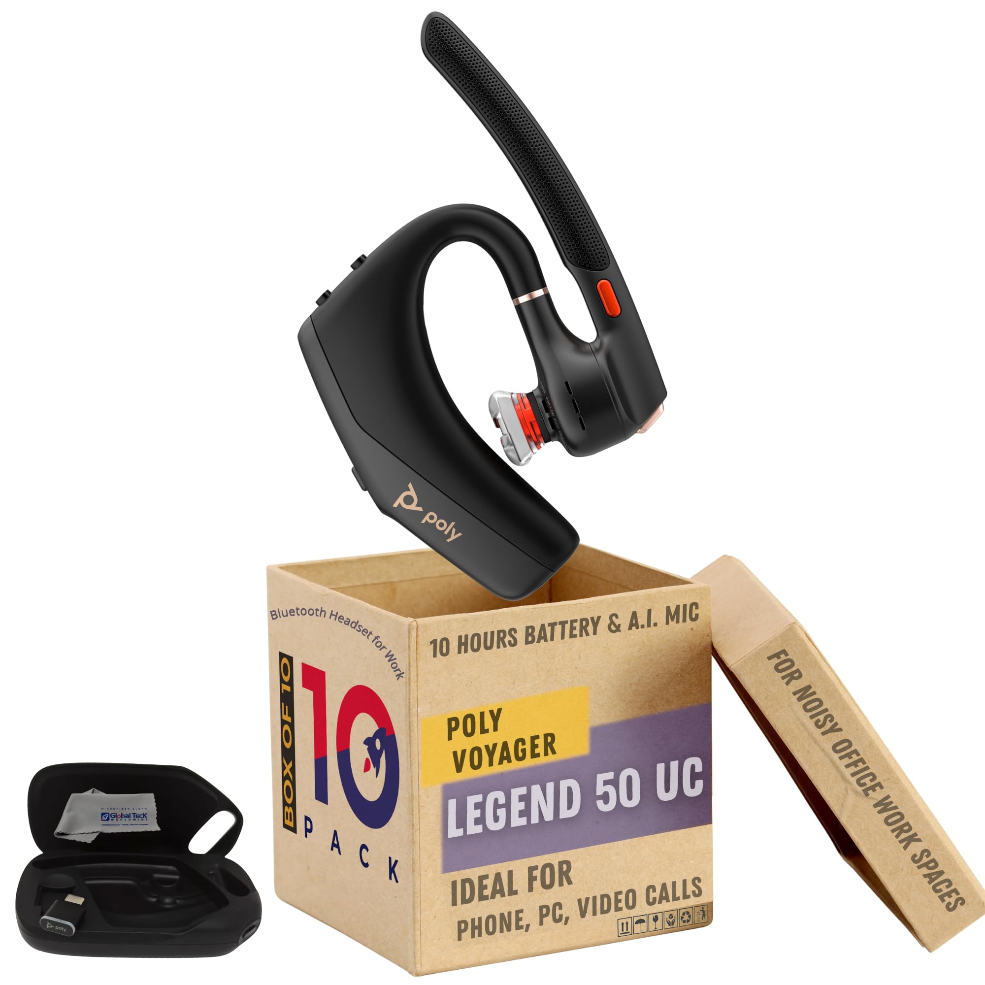 Poly Voyager Legend 50 Bluetooth Headset Noise Cancellation, 4-Mic WindSmart Tech, 10-Hour Battery, Fast Charging, 98 ft Wireless Range, Multipoint Connectivity, Voice Assistant, GTW Cloth(Pack of 10)