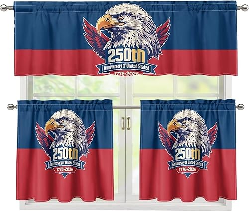 Miniatura 9 de Juego de 250 cortinas de cocina con bandera estadounidense para ventanas, fácil de instalar, cortinas cortas de 24 pulgadas con bolsillo para barra