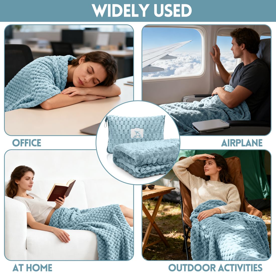 Manta de viaje almohada 2 en 1, suave y cálida manta de avión, almohada portátil multifuncional con funda de almohada, manta de viaje para avión, viajes, oficina, hogar, 127 x 152 cm (azul)