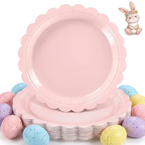 NatNarr 30 Pcs Pink Paper Plates 9 Inch Scalloped Pink Party Plates Cute Birthday Dessert Cake Plate for Easter, Baby Bridal Shower, Wedding, Mothers Day