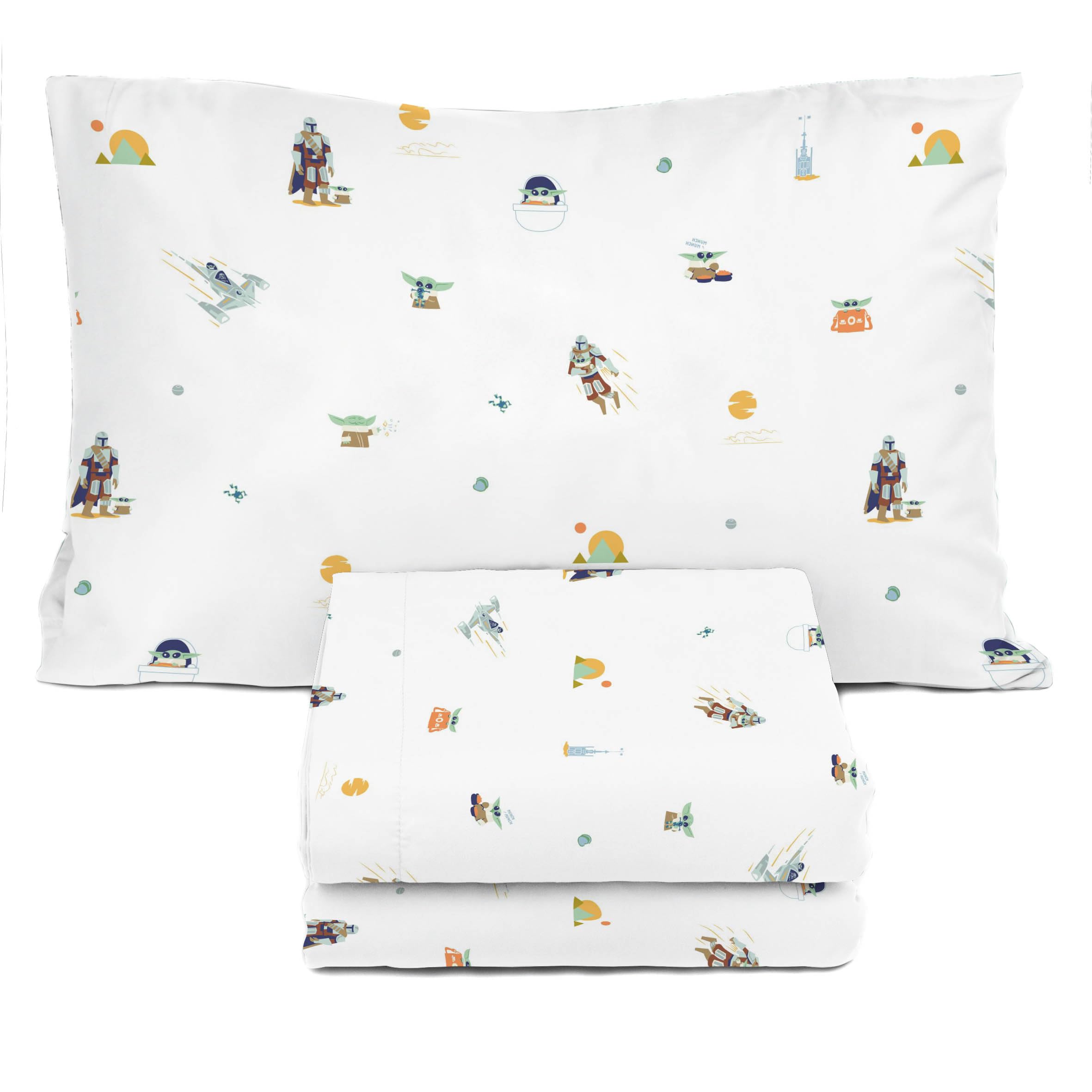 Sunny Side Up Kids Sheet Set with Fitted, Flat Sheets &amp; Pillow Cover - Ultra-Soft Bedding with Pillowcase for Room Decor, White - Star Wars Mandalorian, 3 Piece Twin