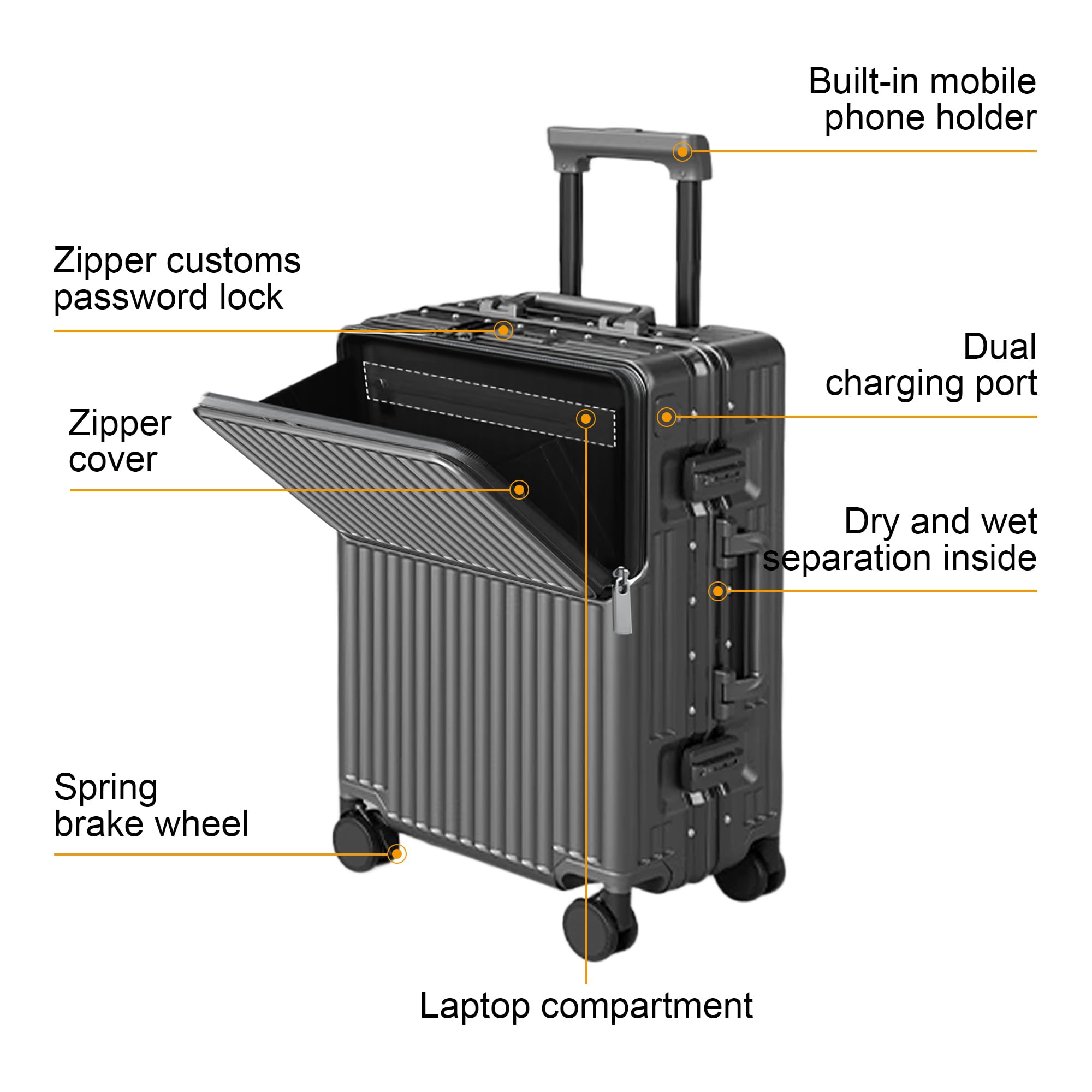 Valise Cabine de Voyage homologuée TSA, Coque Rigide en Polycarbonate, Cadre en Aluminium, résistante à la Pression, pour Bagages de 20'' 24'' 26'' (20‘’, Gris foncé)