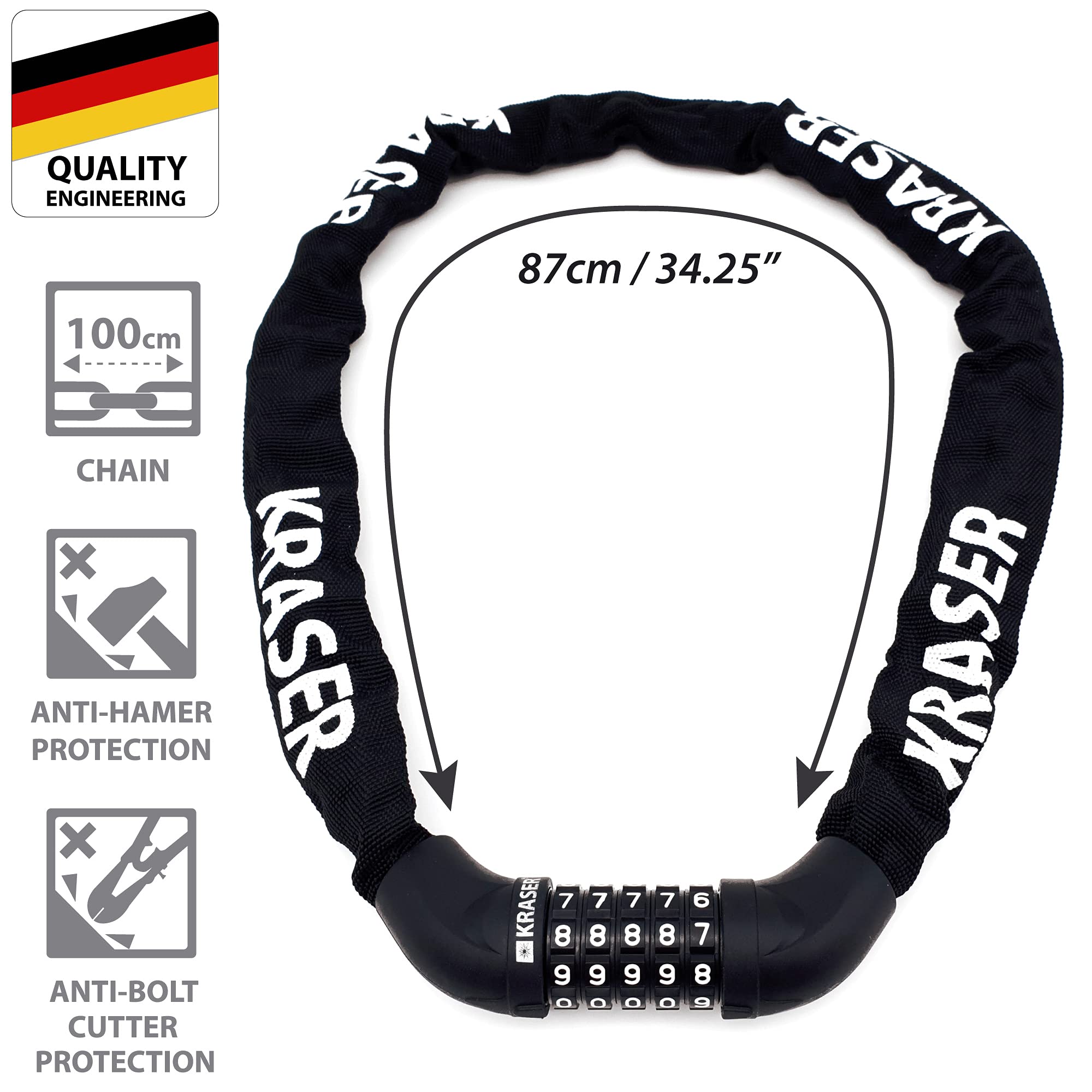 KRASER KR610 Chaine Antivol Vélo avec Code à 5 Chiffres Plus Sécurisée, Maillons en Acier ø8mm Plus Épais et Résistants avec Housse en Nylon Anti-Rayures pour Vélo Trottinette Bike Lock, 100cm