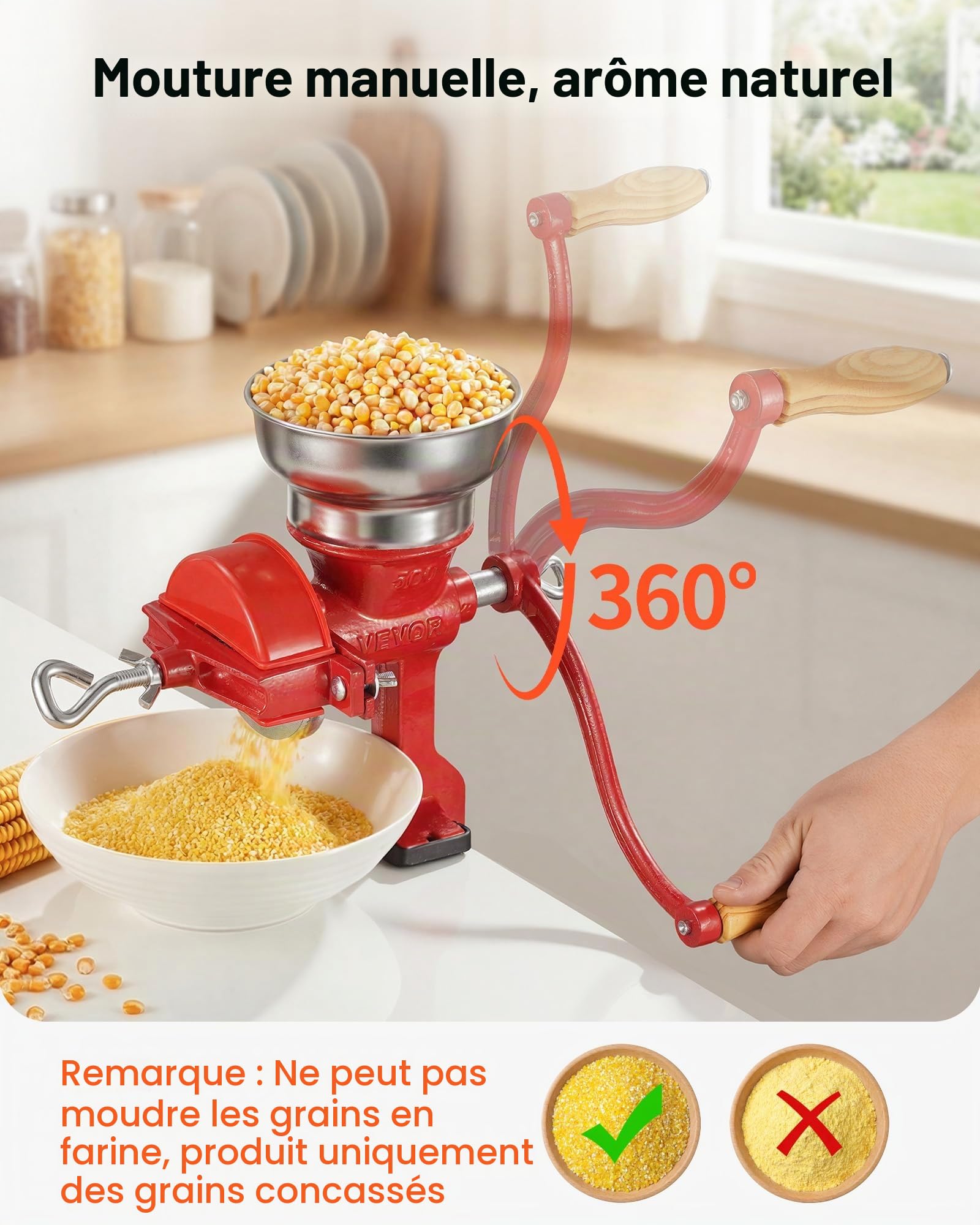 VEVOR Moulin à Grains Manuel de Table, Moulin à Céréales à Manivelle, pour Épices Grains de Café Noix Blé, Broyeur à Maïs en Fonte, Fixation Stable à Serre-joint, avec Couvercle Anti-poussières