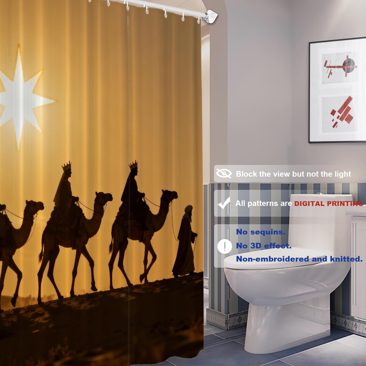 Batmerry Yellow Christian Three Wise Men Decor Shower Curtain, Black Religion Bathroom Decor Polyester Fiber Plastic Rings Quick-Drying Waterproof for Bathtubs/Bathroom, 72x60 inches